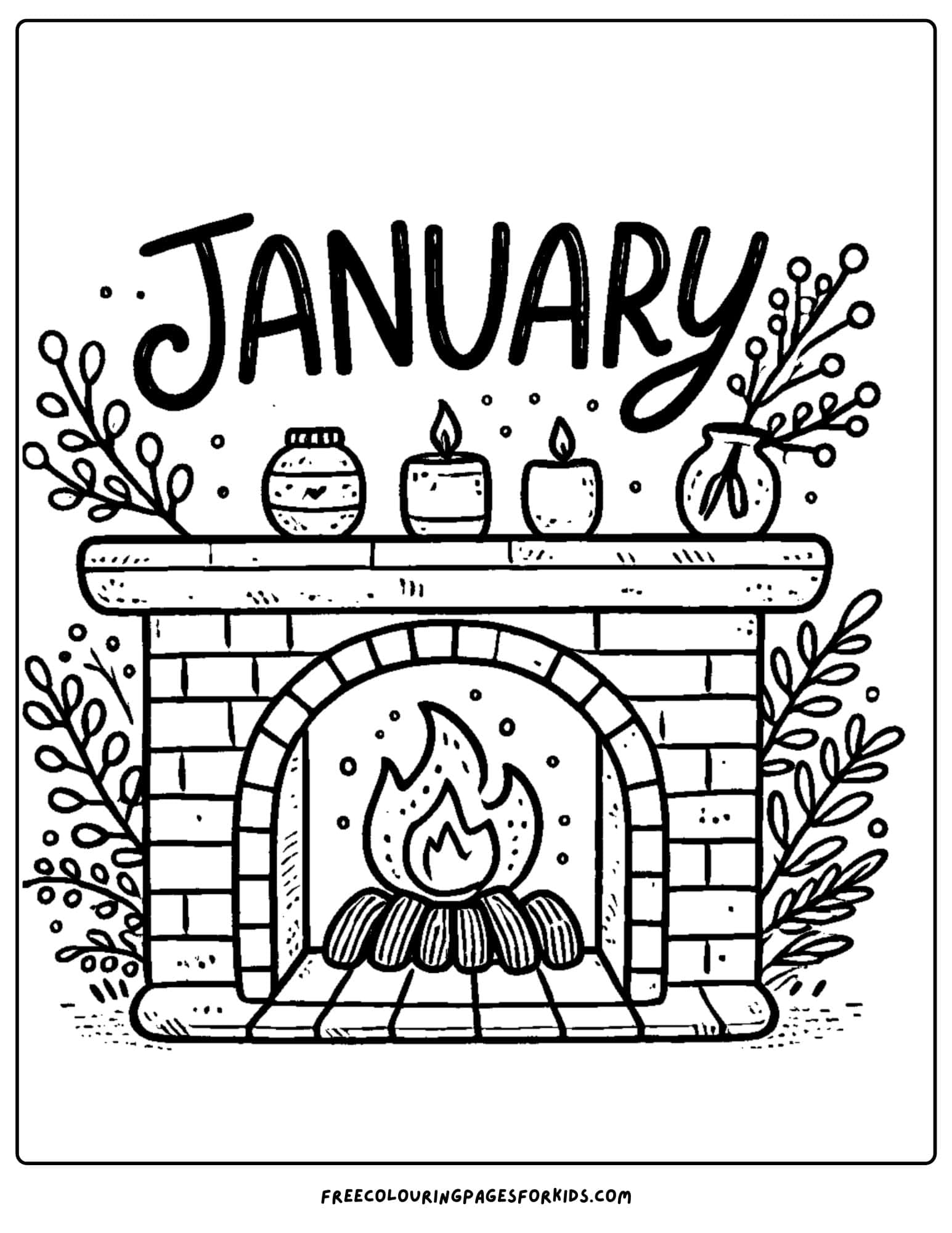 january themed fireplace coloring page