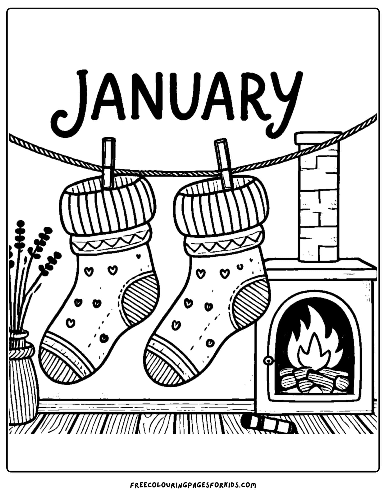 january themed socks drying by the fire coloring page