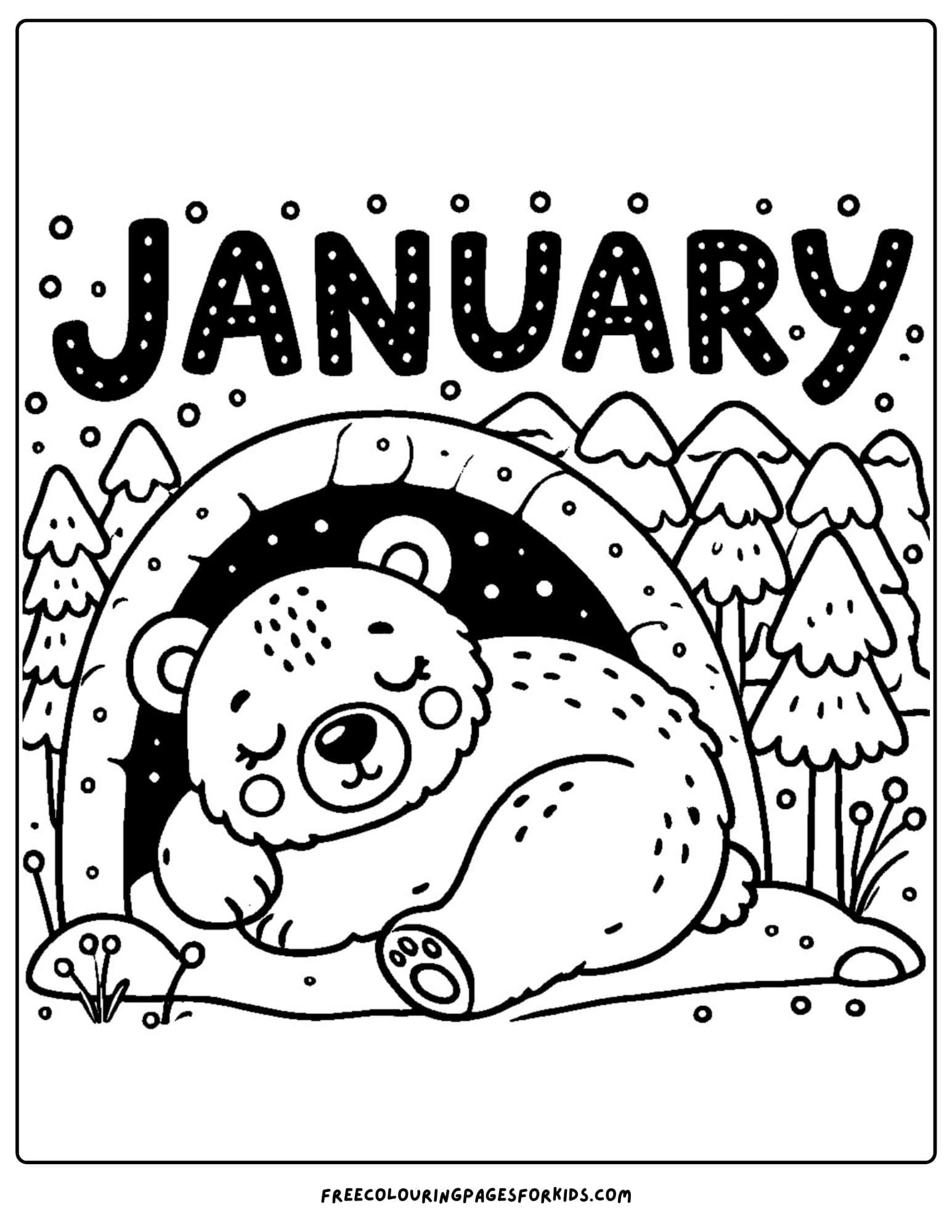 january themed hibernating bear coloring page