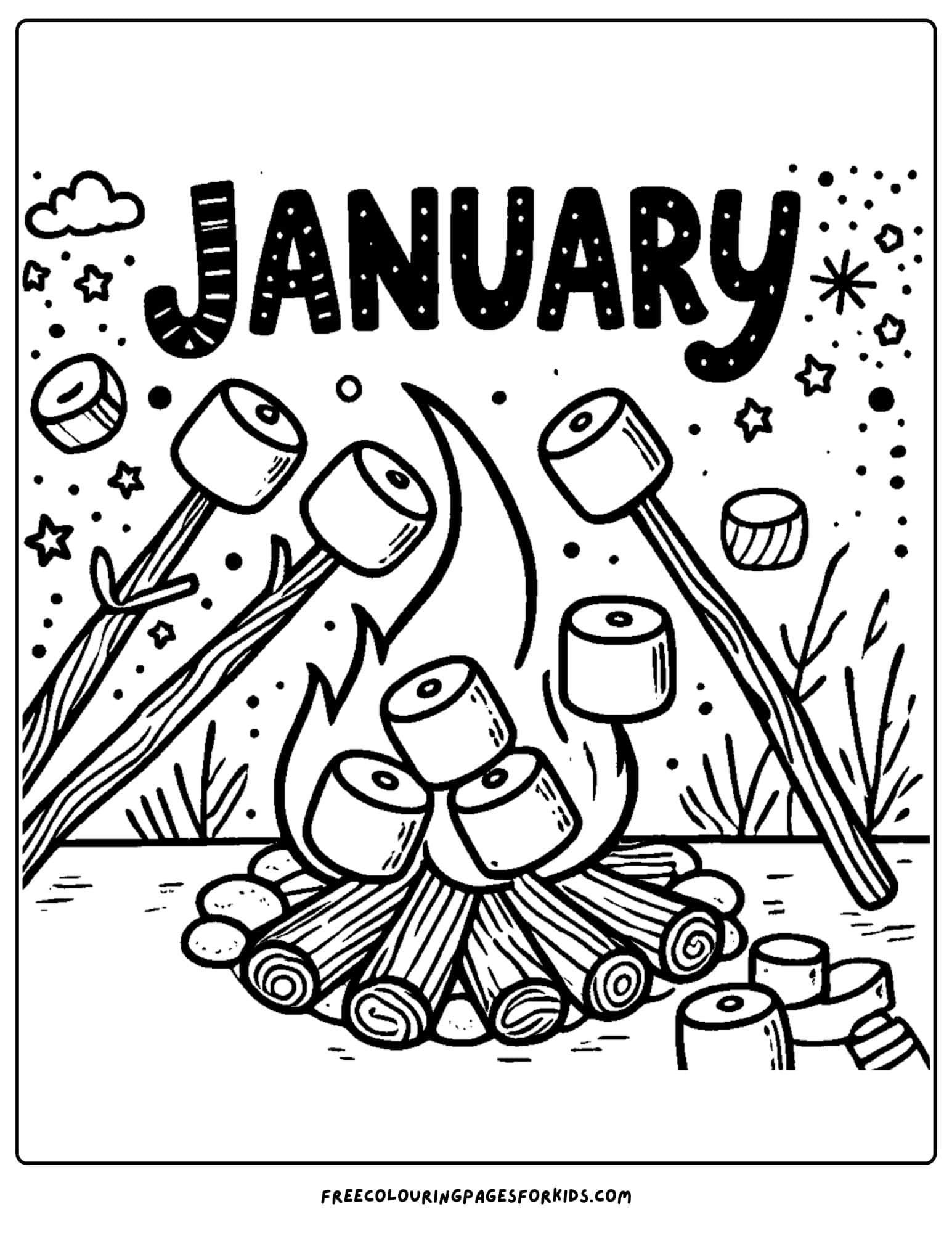 january themed fire with marshmallows coloring page