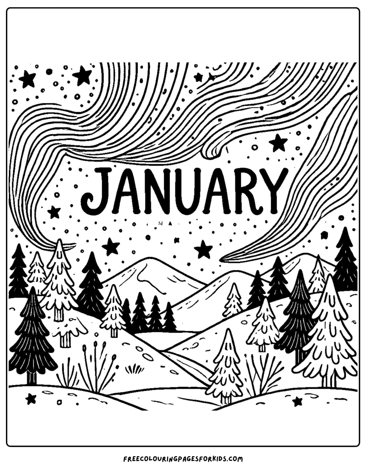 january themed northern lights coloring page