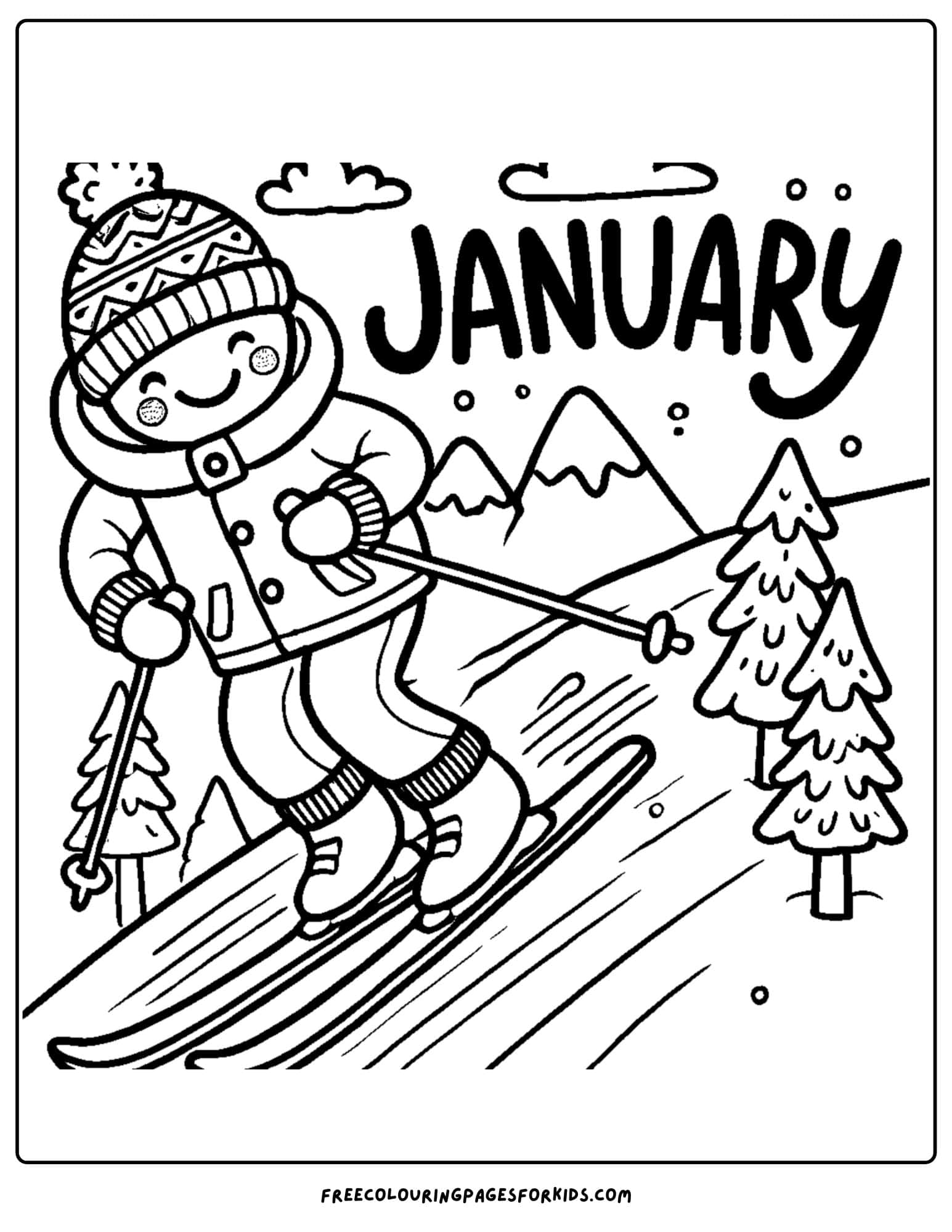 january themed child skiing down a hill coloring page