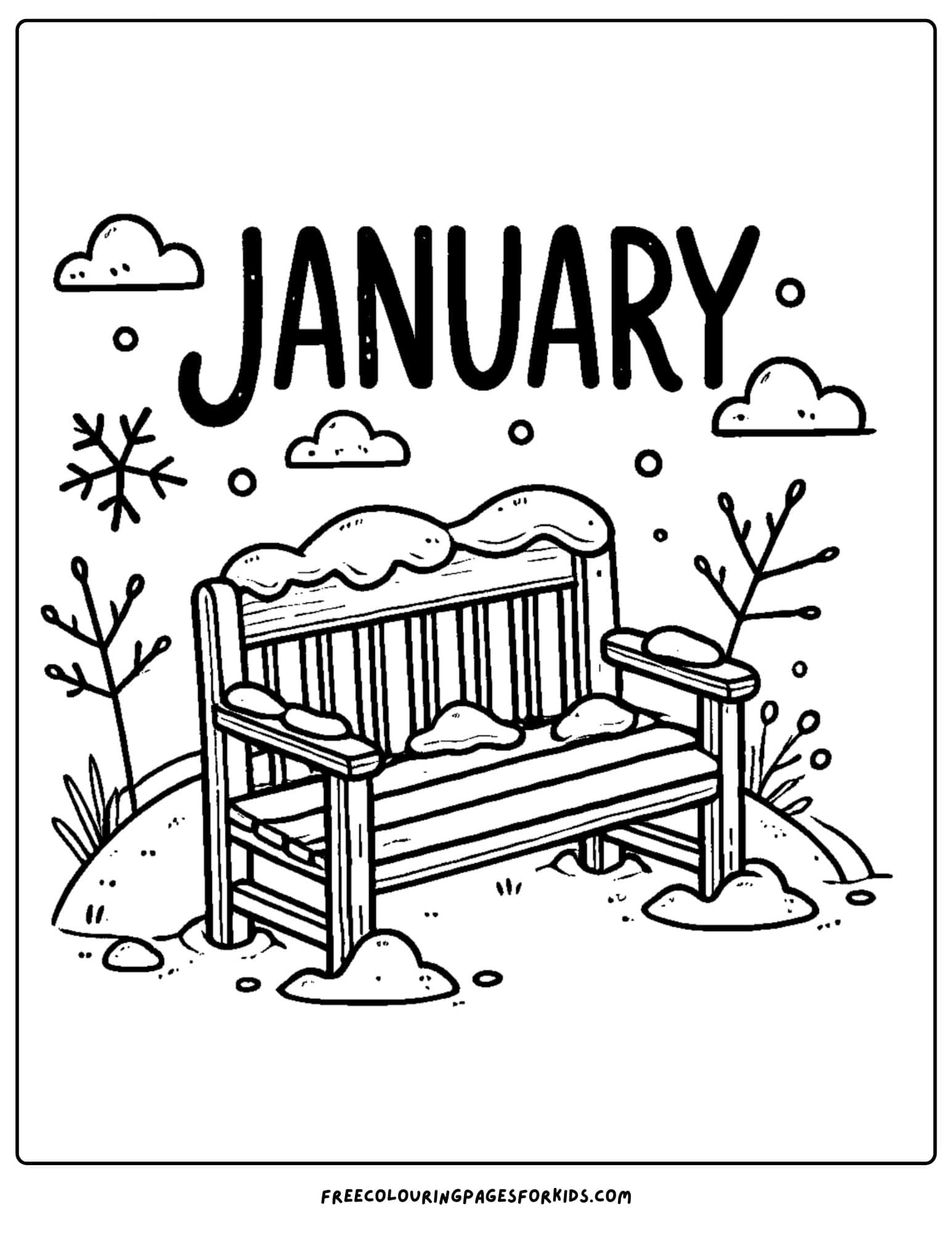 january themed park bench covered in snow coloring page