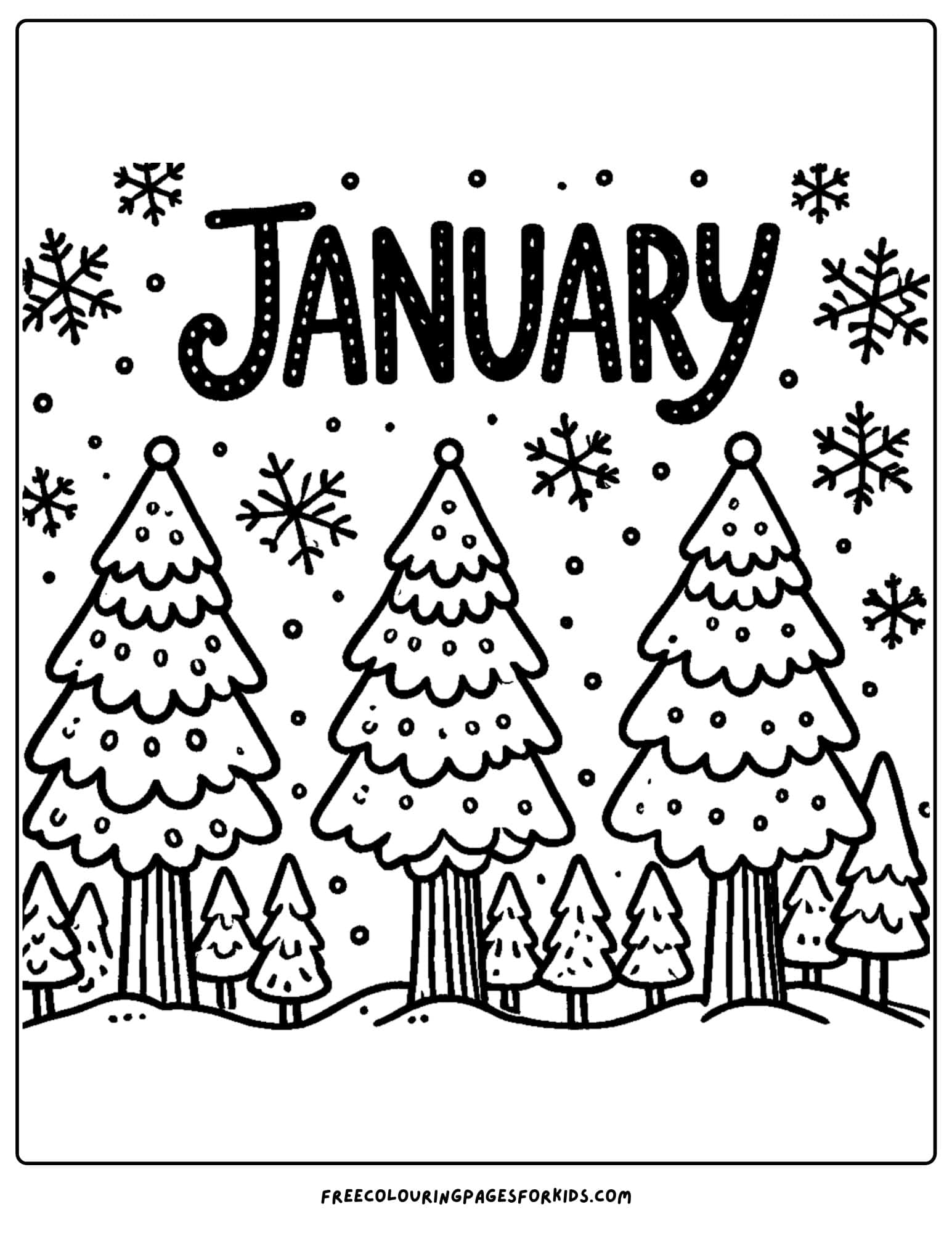 january themed snow covered trees coloring page