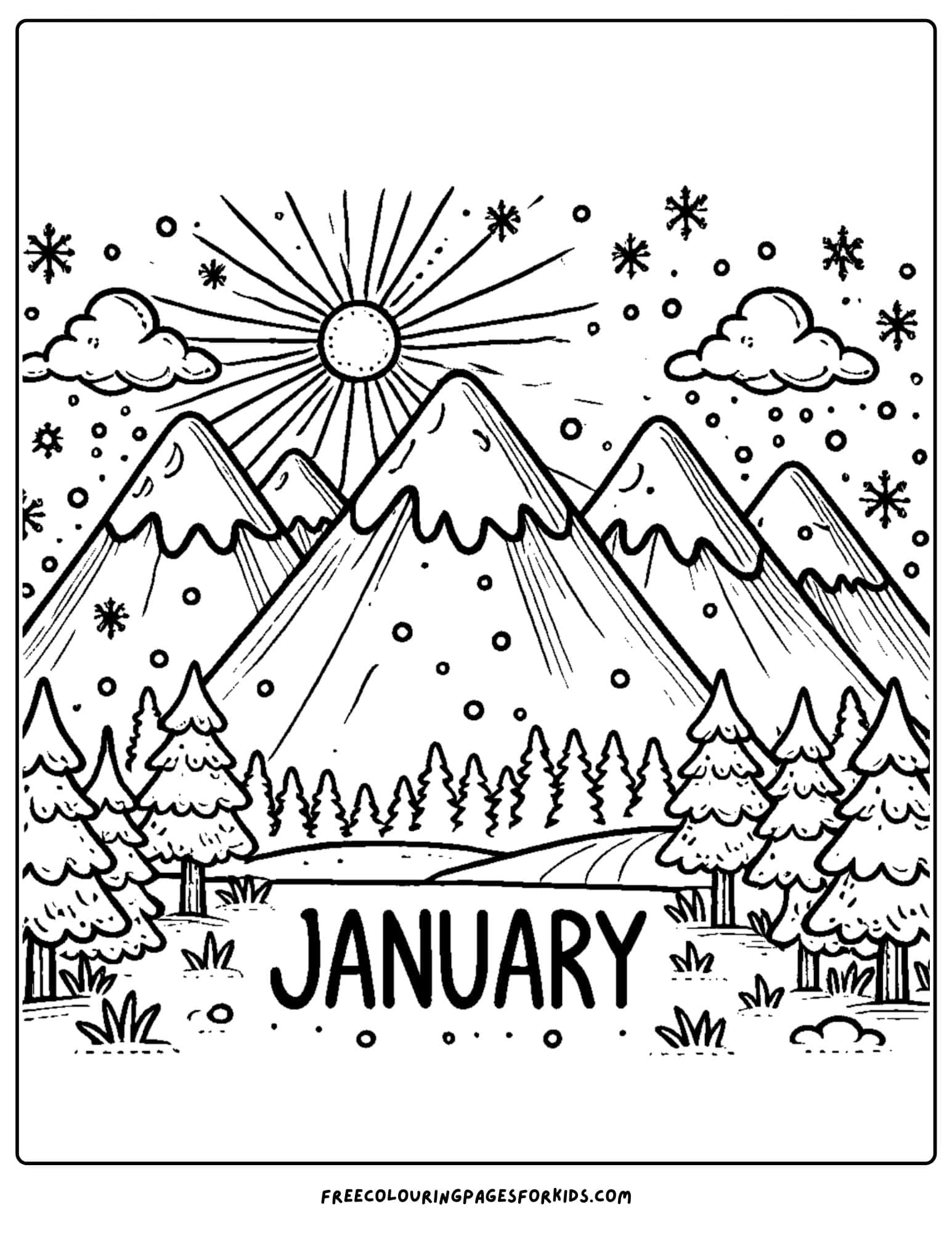 january theme with snowy mountains coloring page