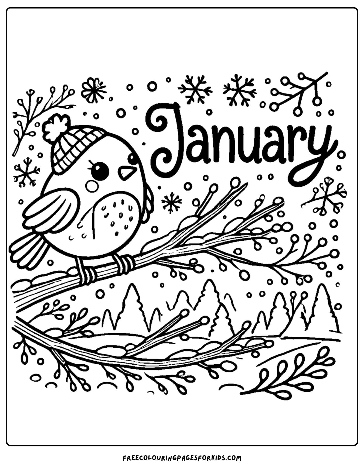 january text with winter bird in a tree coloring page