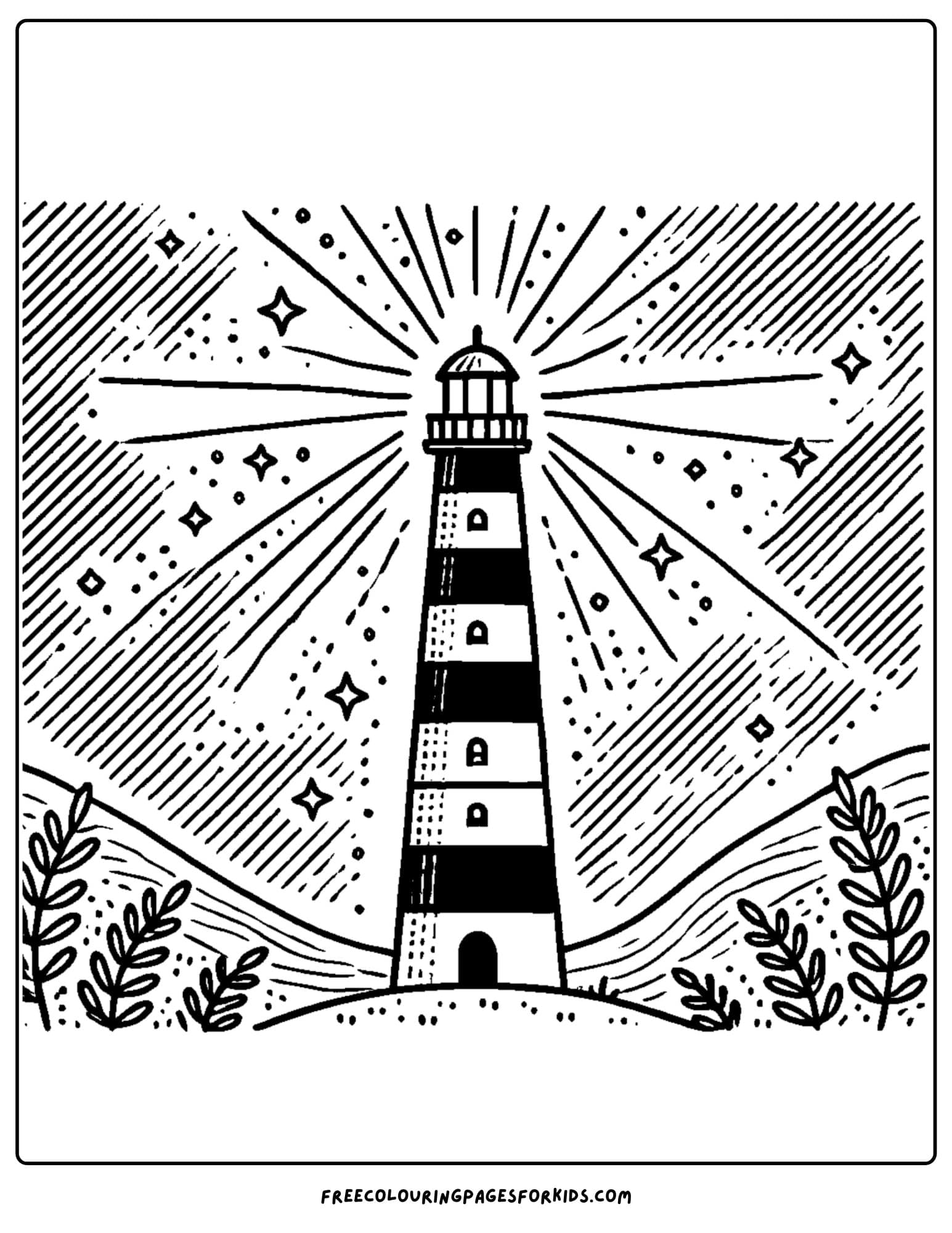 lighthouse under a starry night sky coloring page