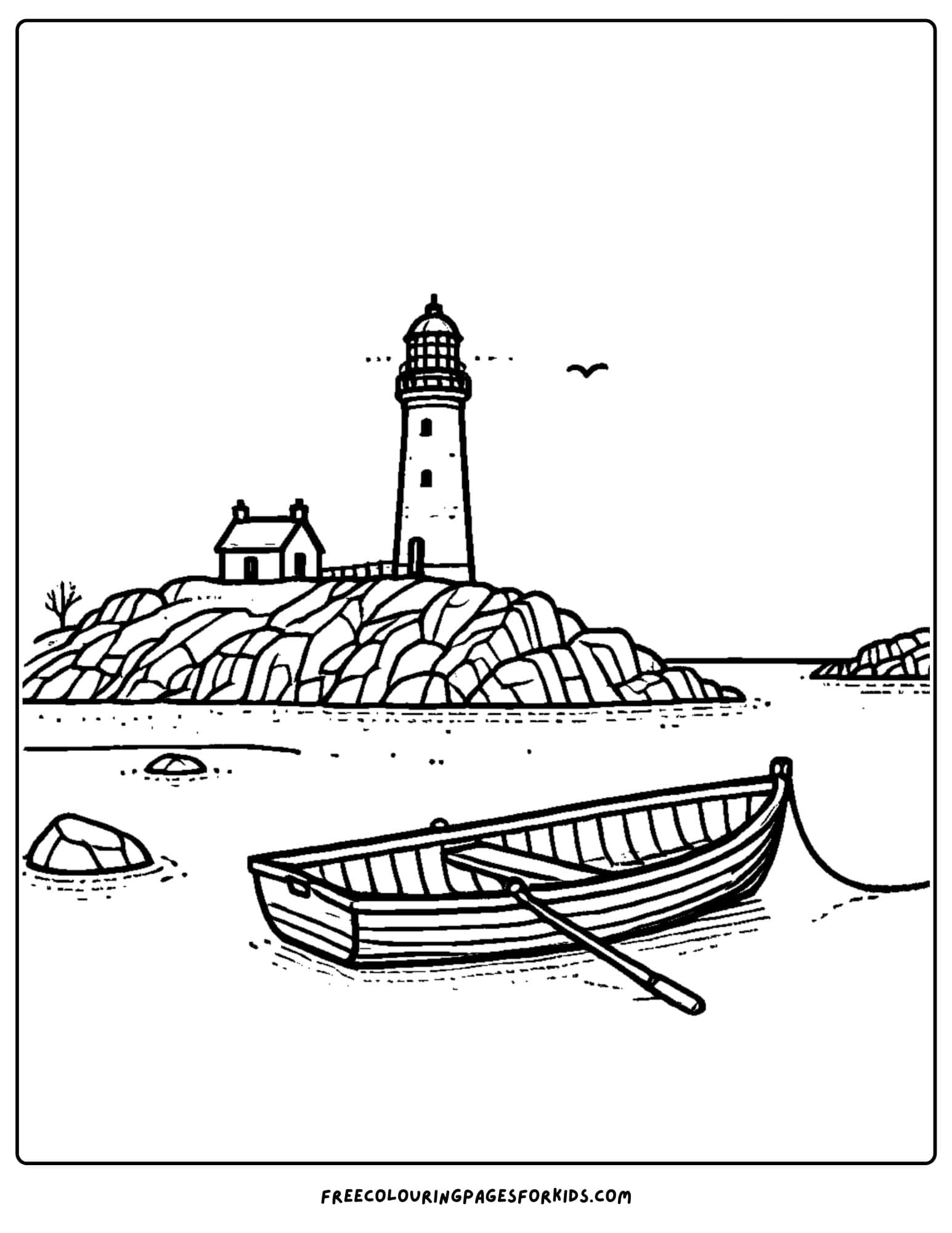 lighthouse with a rowboat on the water coloring page