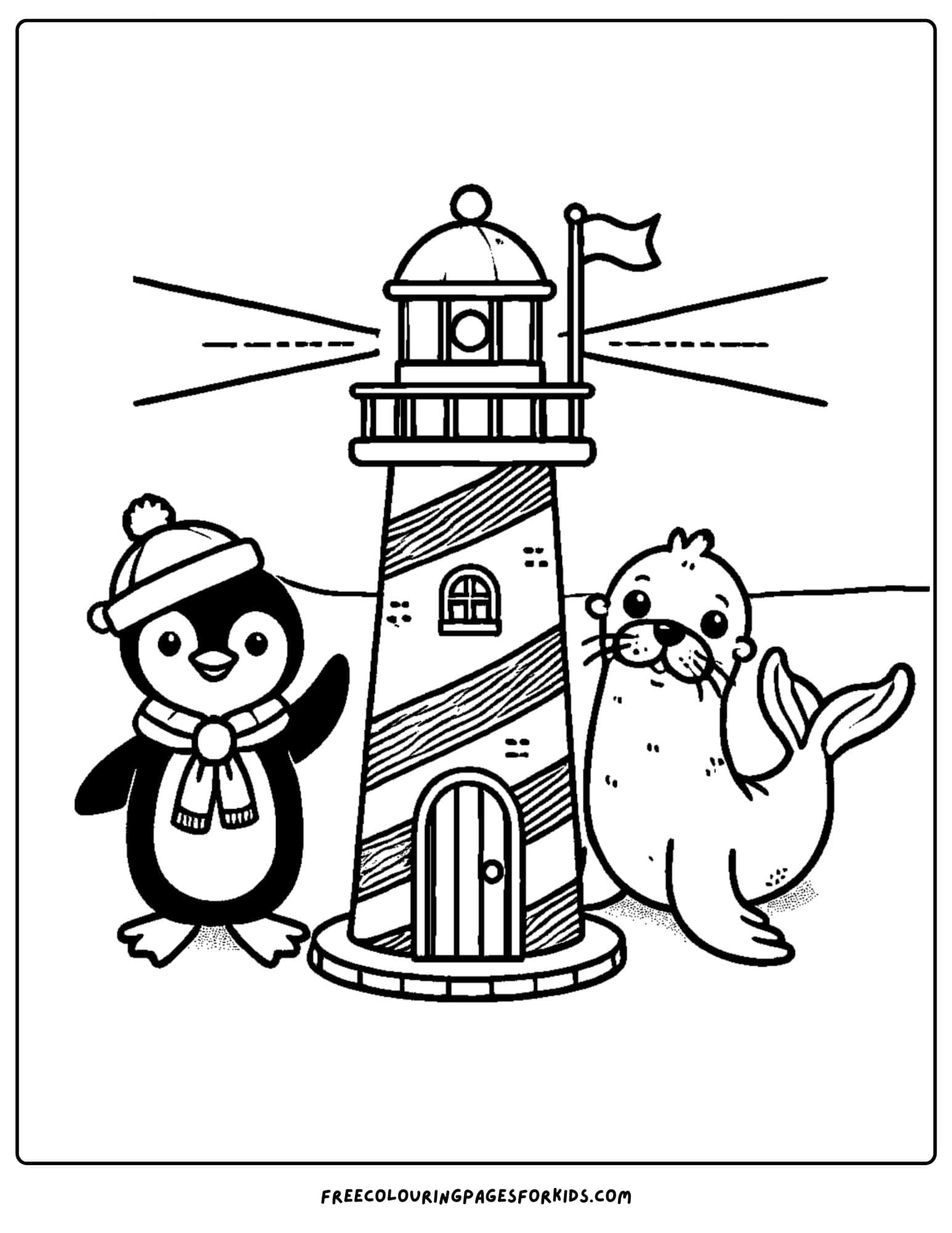 lighthouse wth a penguin and seal coloring page