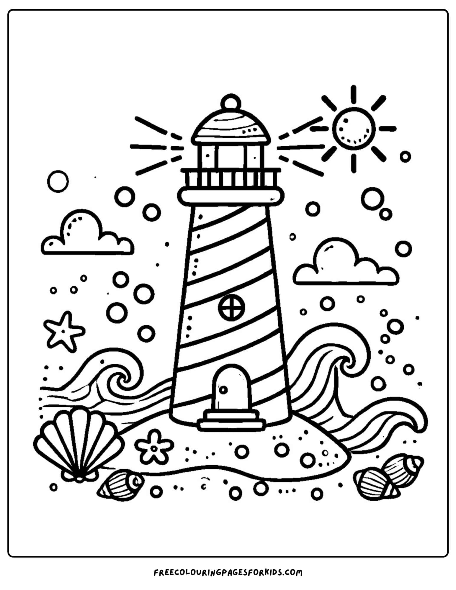 lighthouse with waves and seashells coloring page