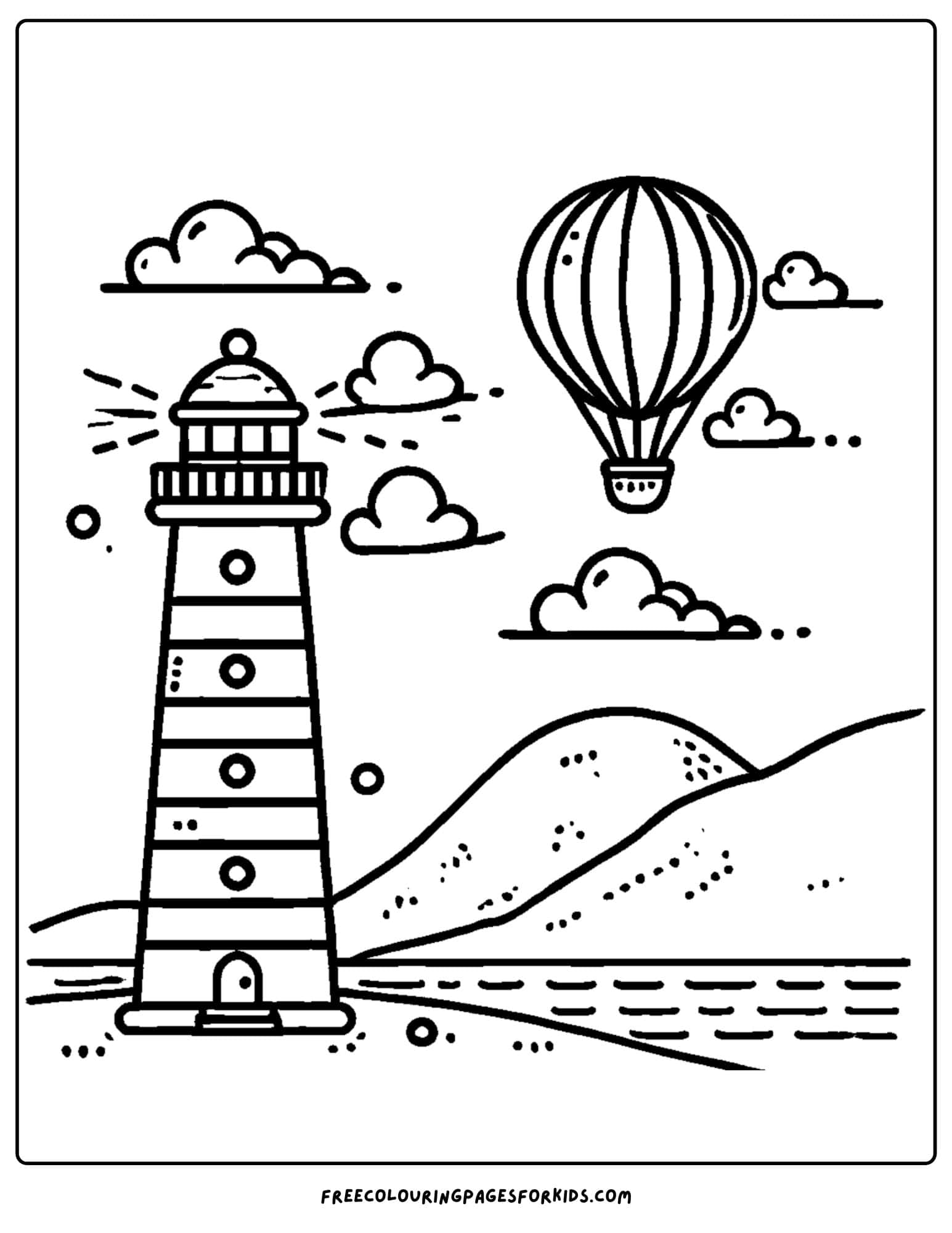 lighthouse with a hot air balloon floating past coloring page