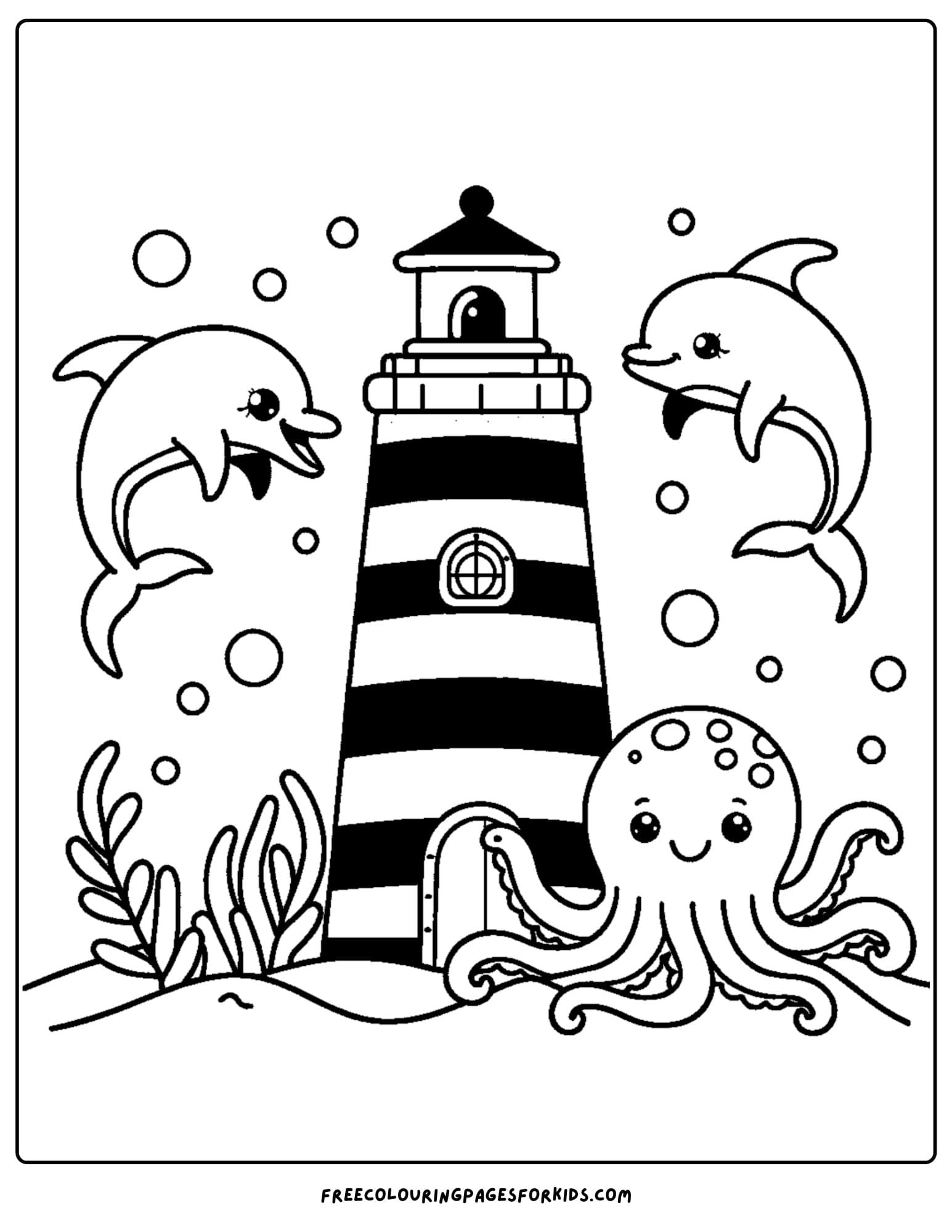 lighthouse with sea creatures around coloring page