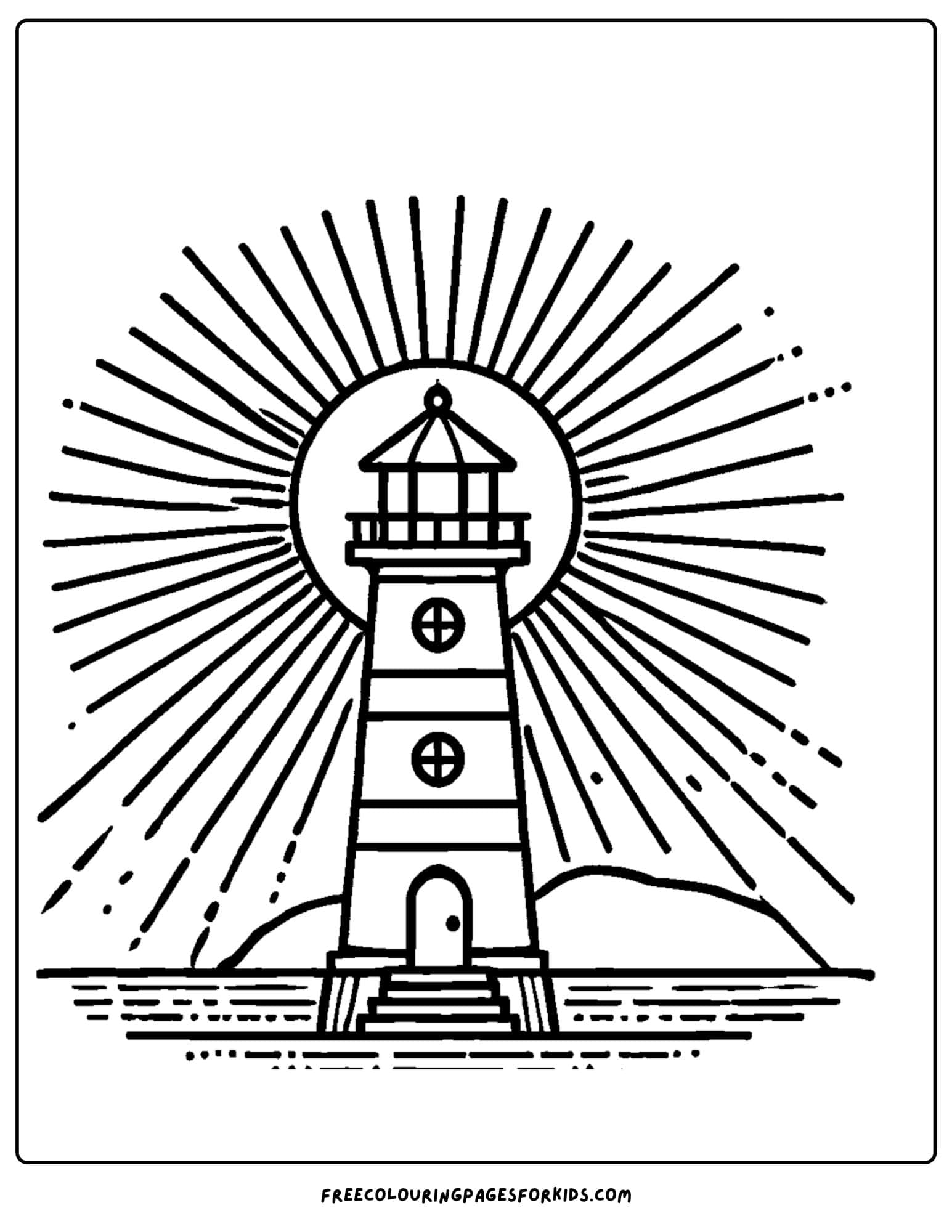 lighthouse with a setting sun coloring page