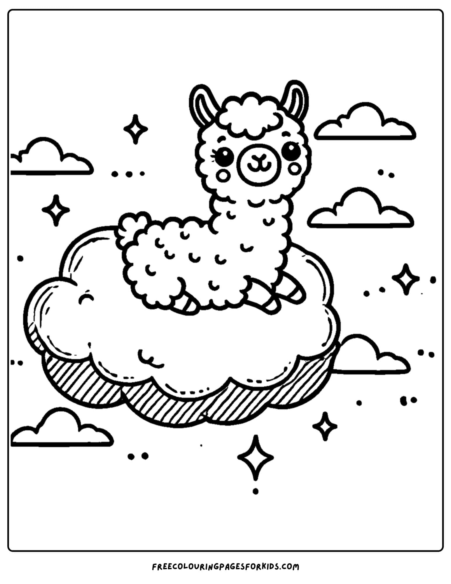 llama floating on a cloud coloring page