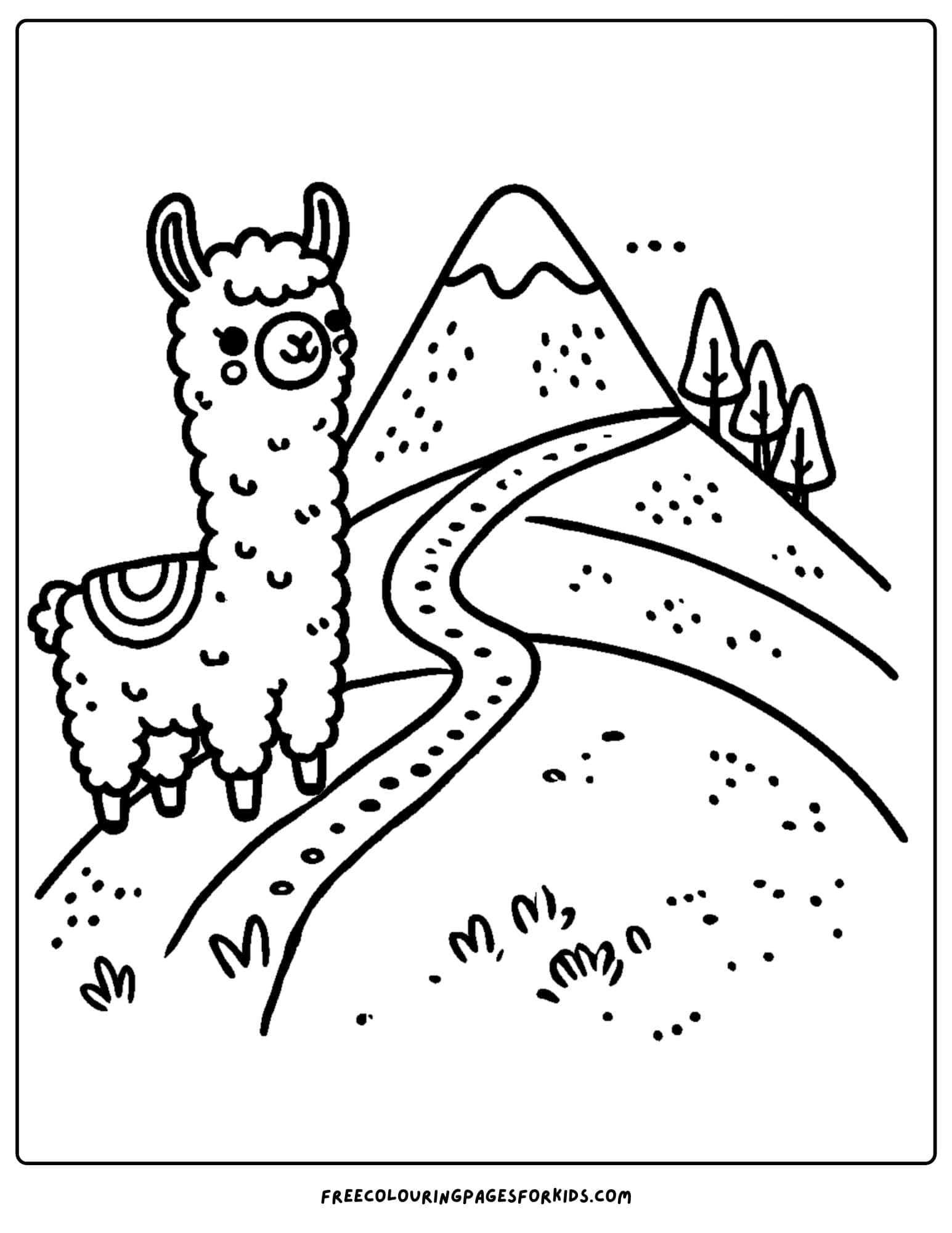 llama hiking the mountains coloring page