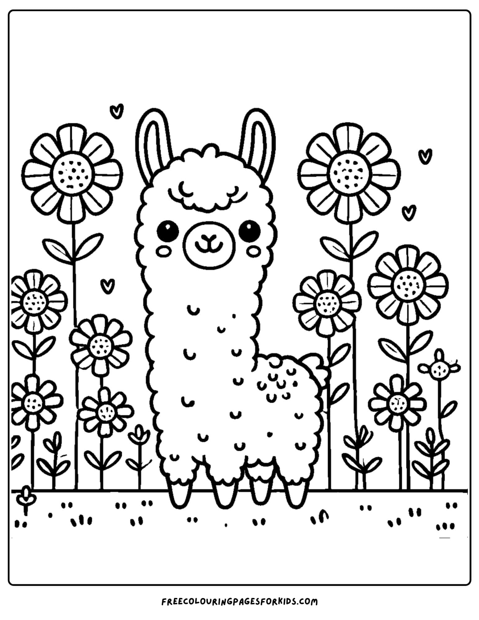 llama in a flower field coloring page