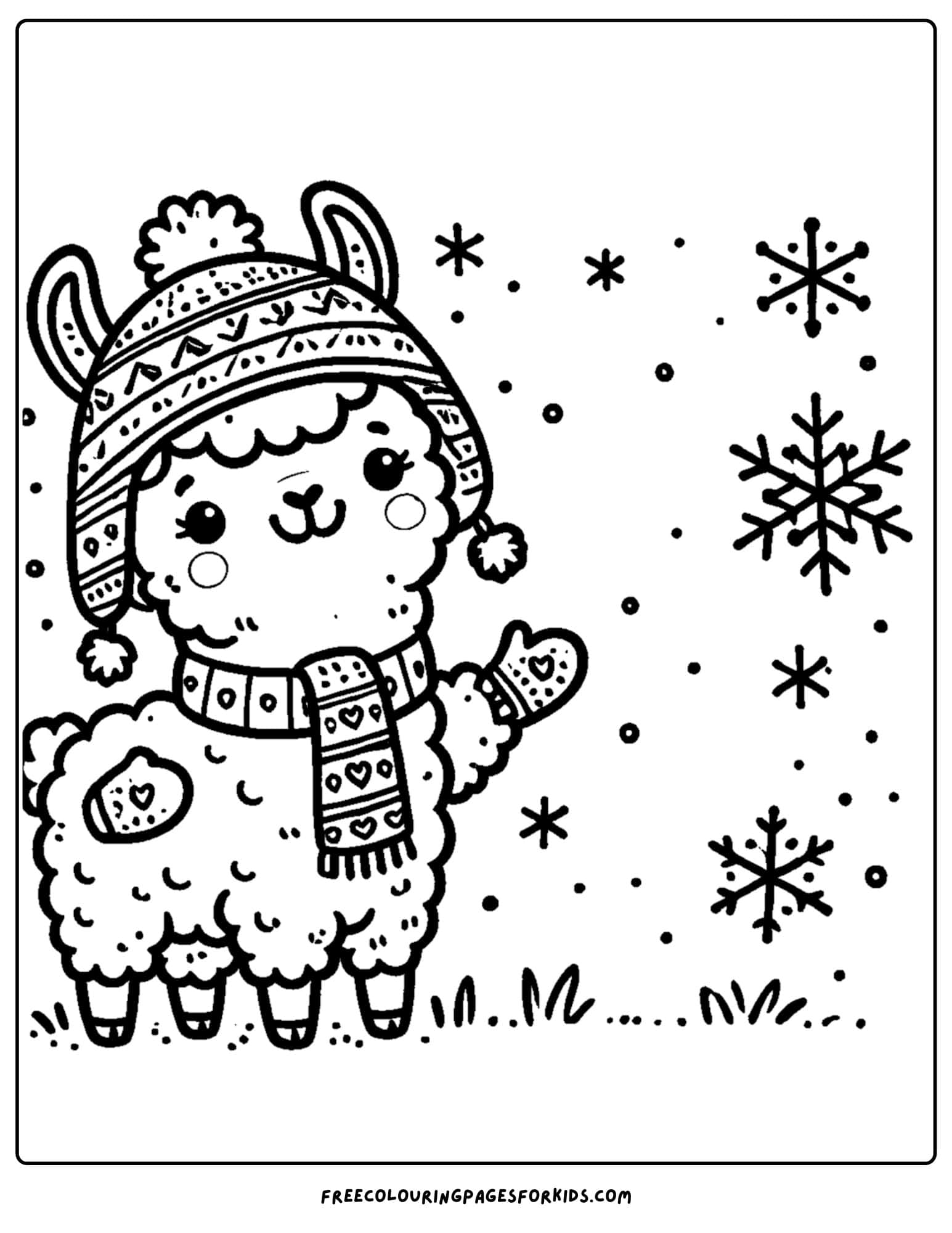 llama wearing a beanie and scarf in the cold coloring page