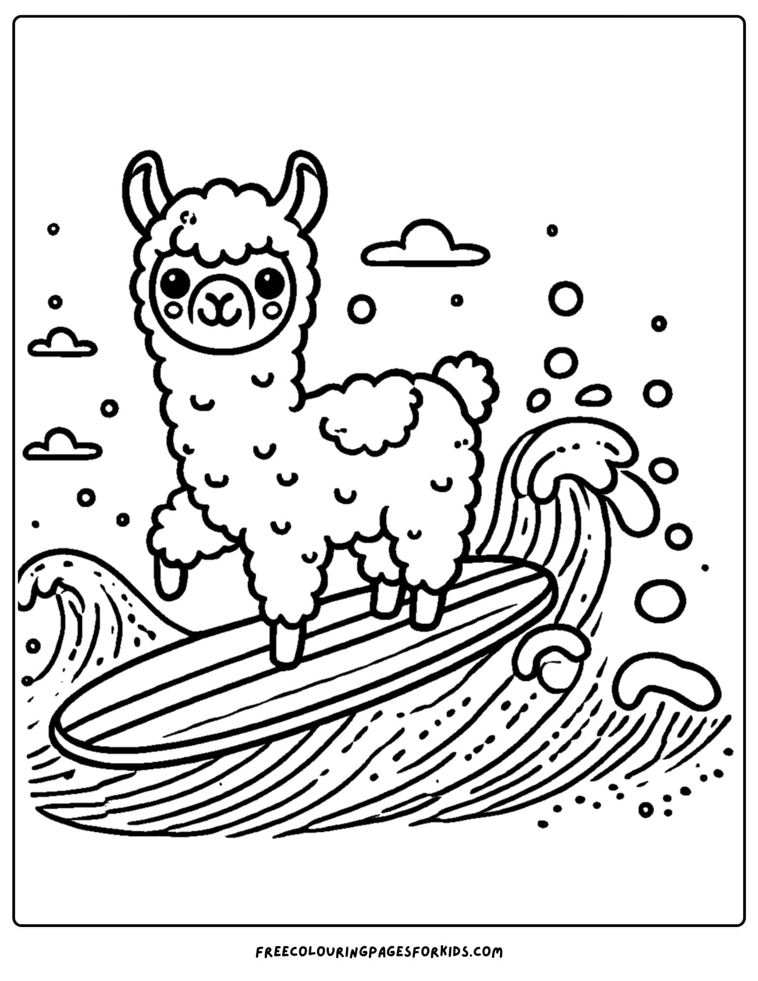 llama surfing a wave coloring page