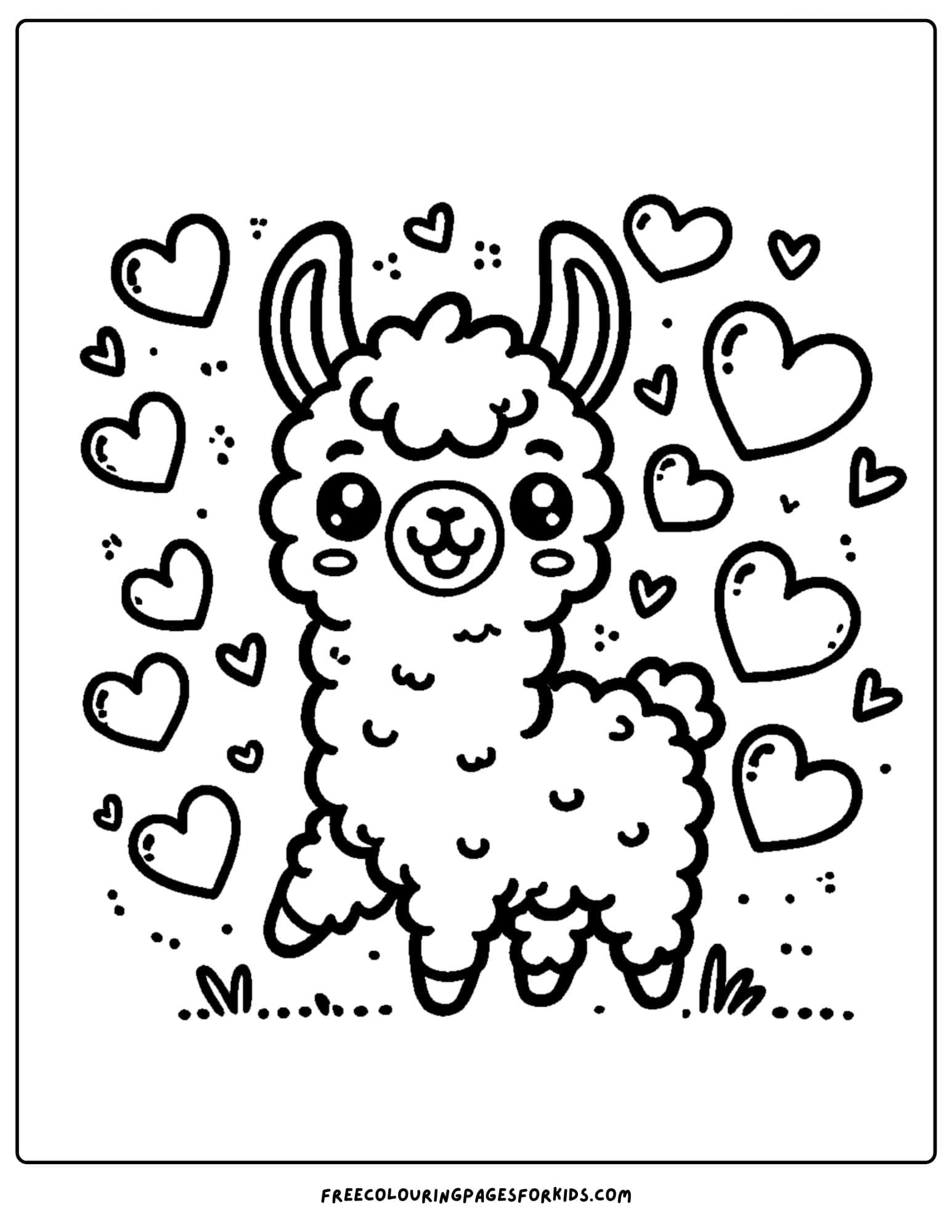 llama with heart shapes all around coloring page