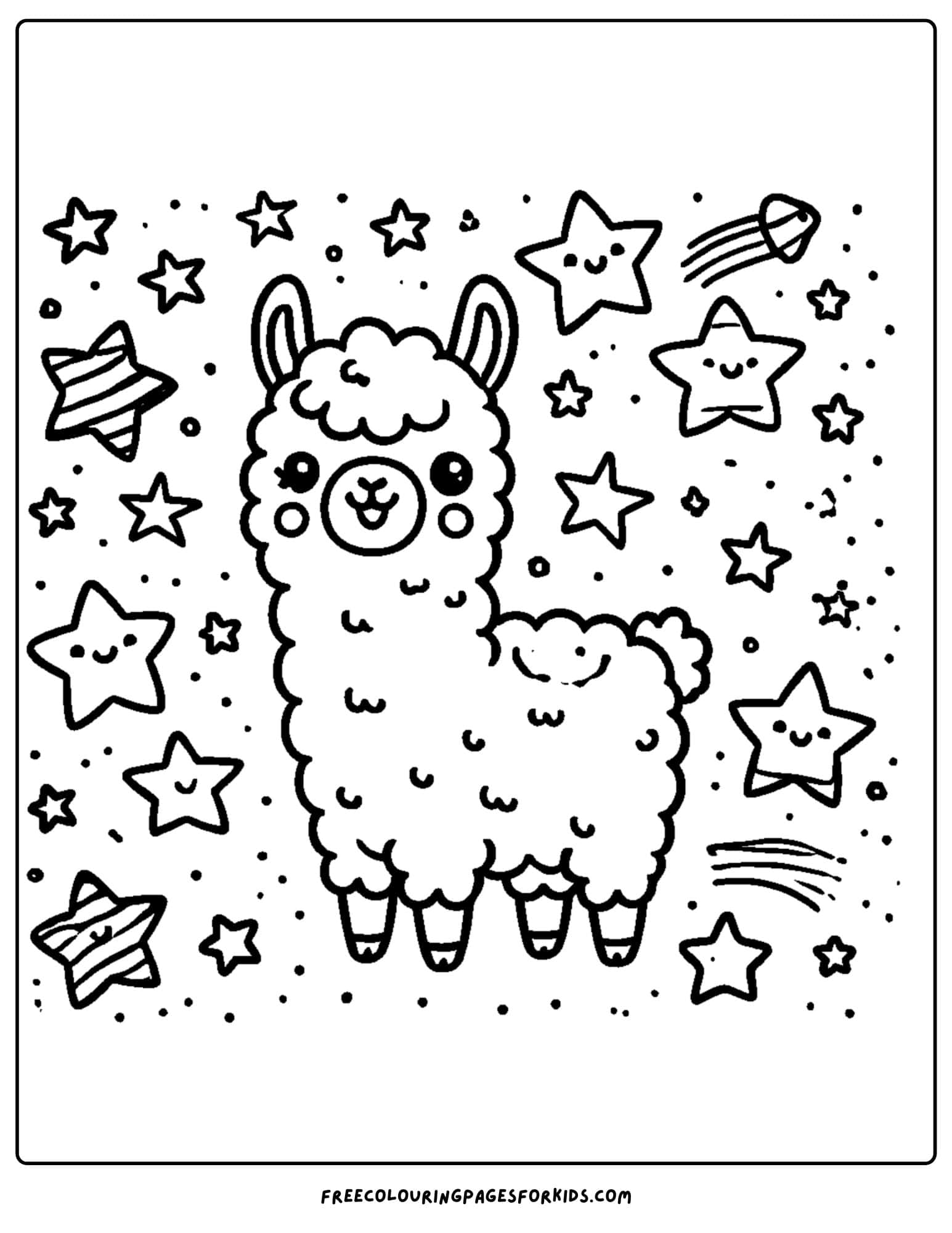 llama surrounded by twinkle stars coloring page