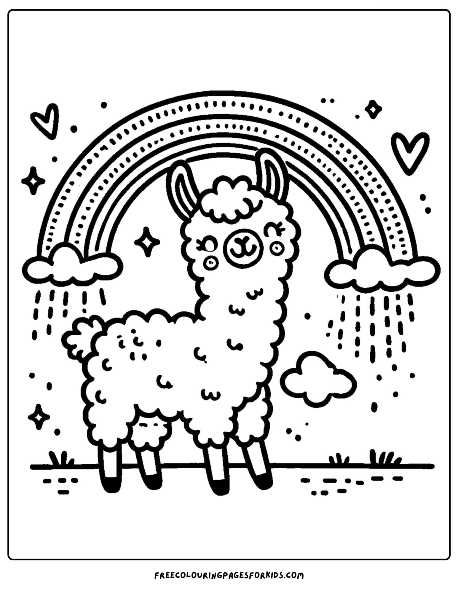 llama under a rainbow coloring page