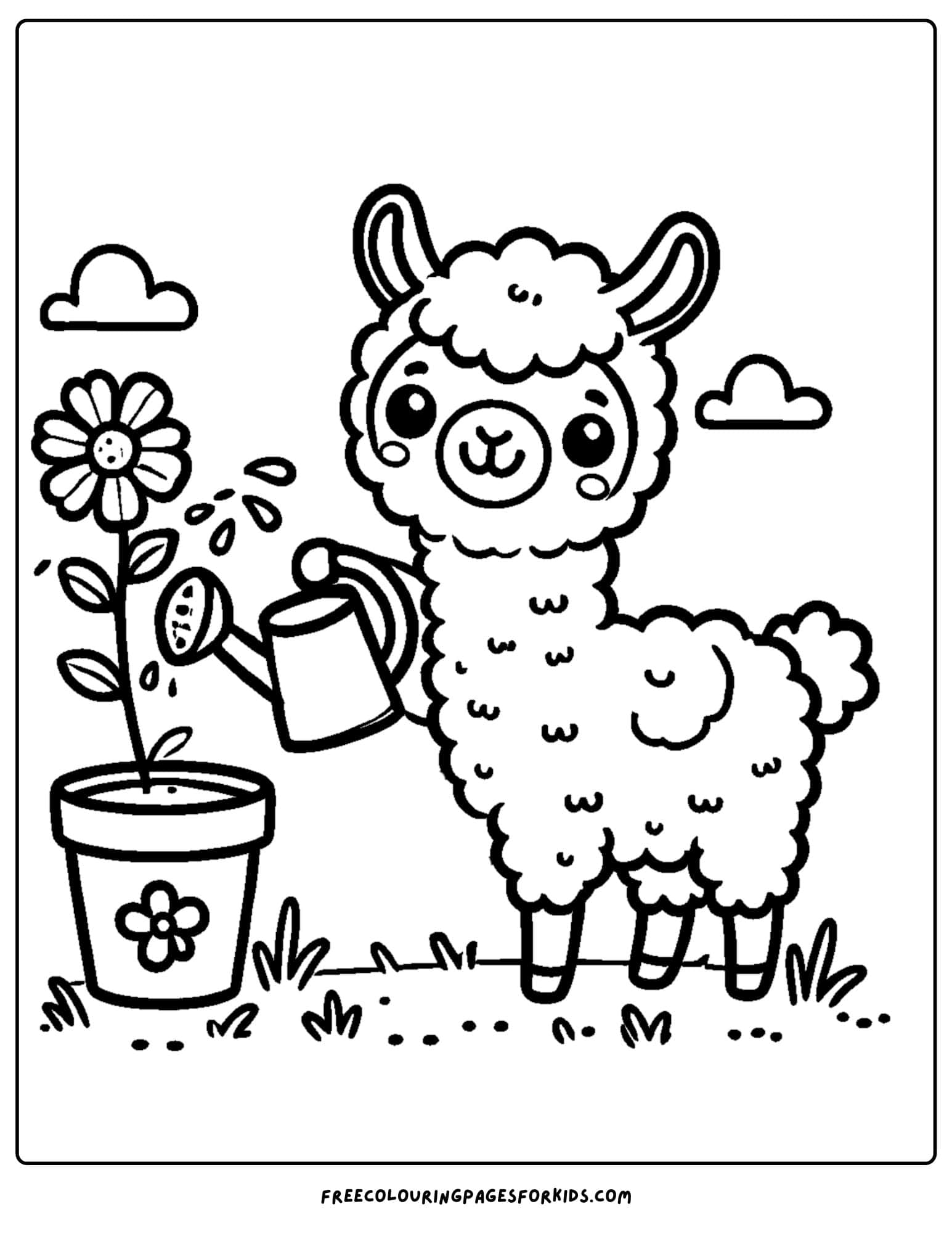 llama watering a flower in a pot coloring page