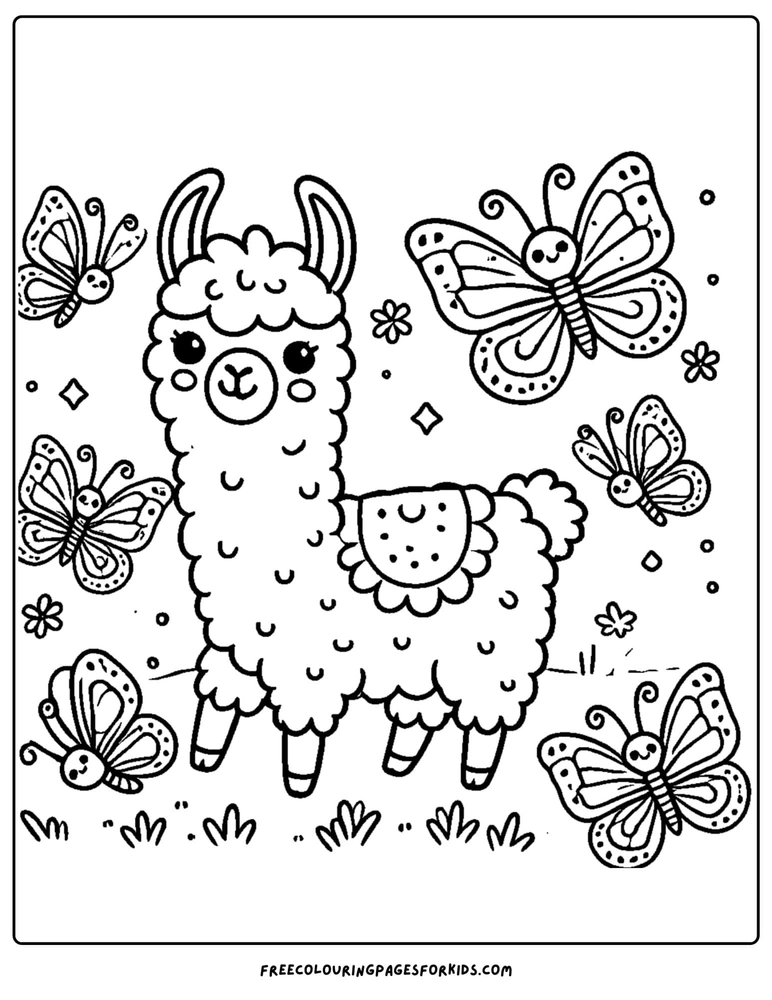 llama surrounded by butterflies coloring page