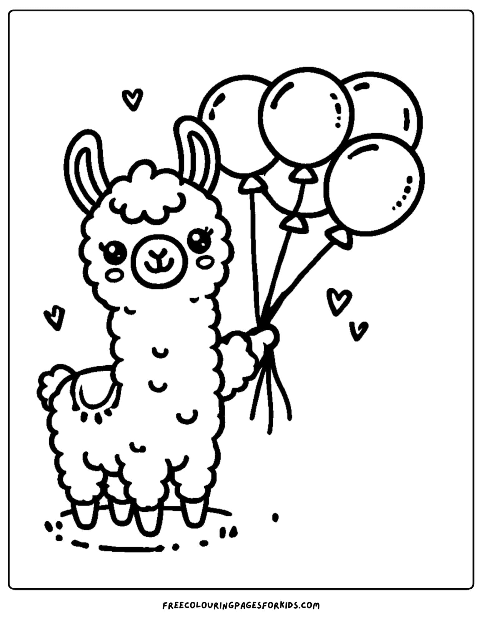 llama holding balloons coloring page