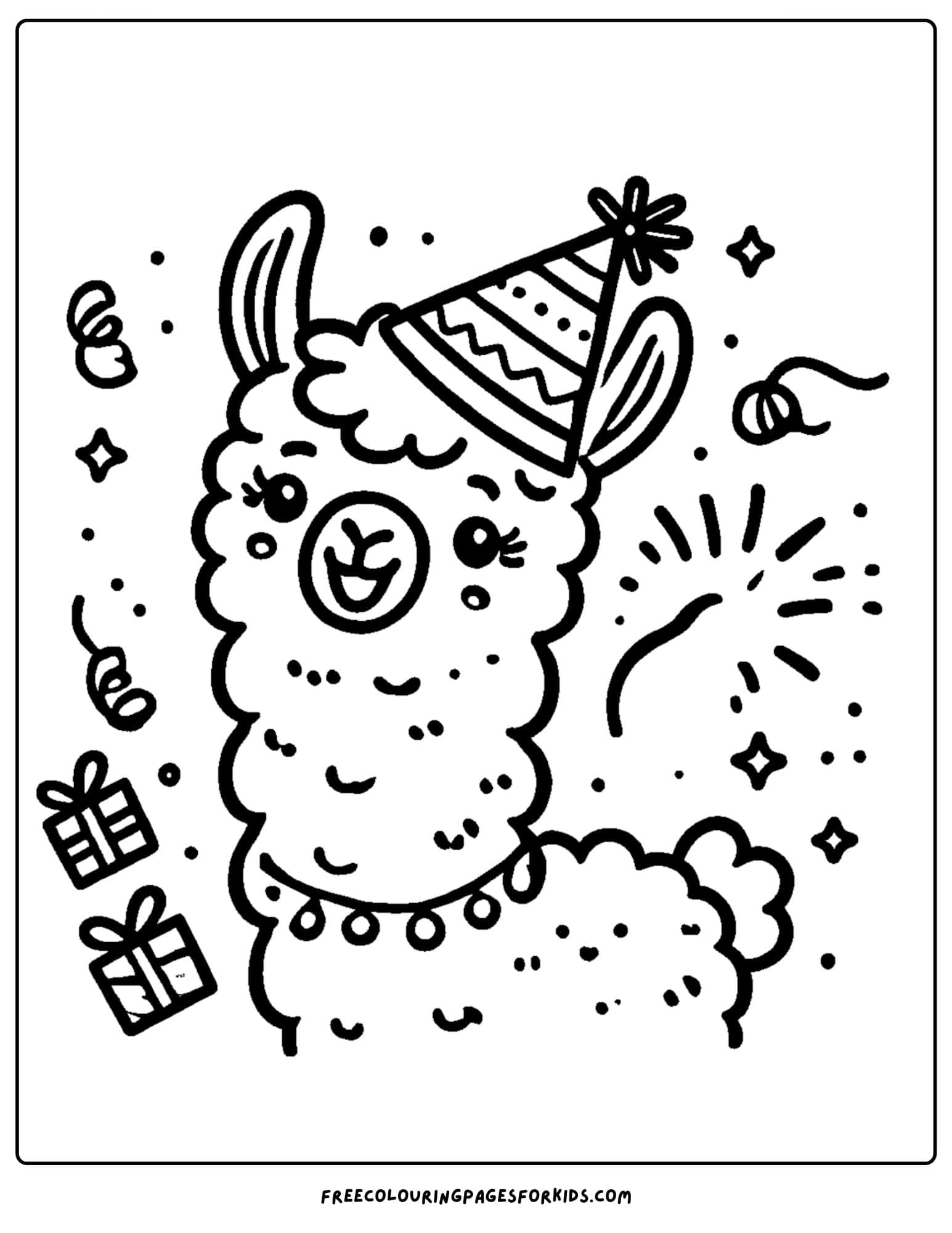 llama wearing a party hat and celebrating coloring page