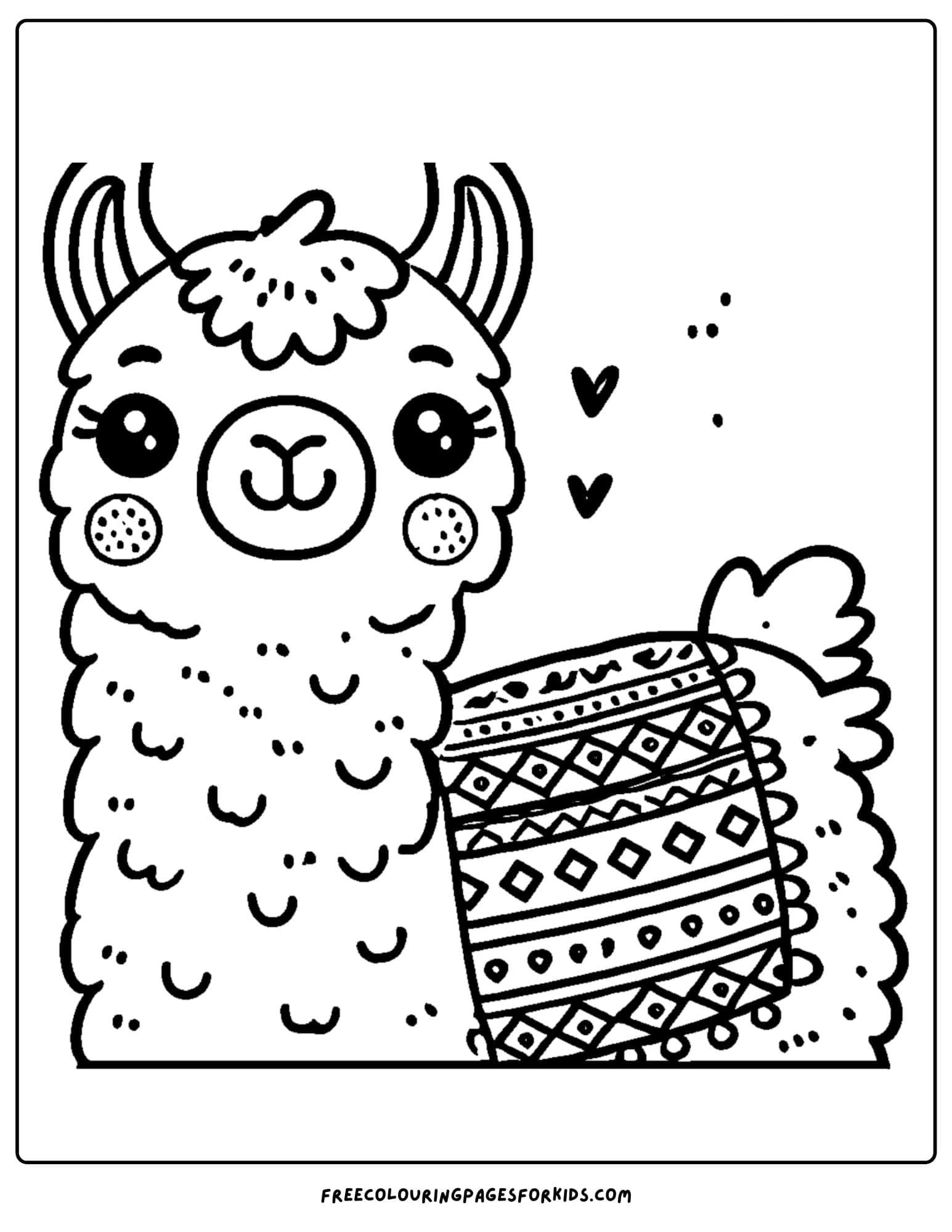 llama with a patterned blanket on its back coloring page