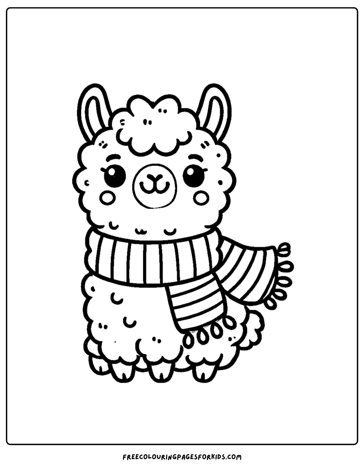 llama wearing a rainbow scarf coloring page