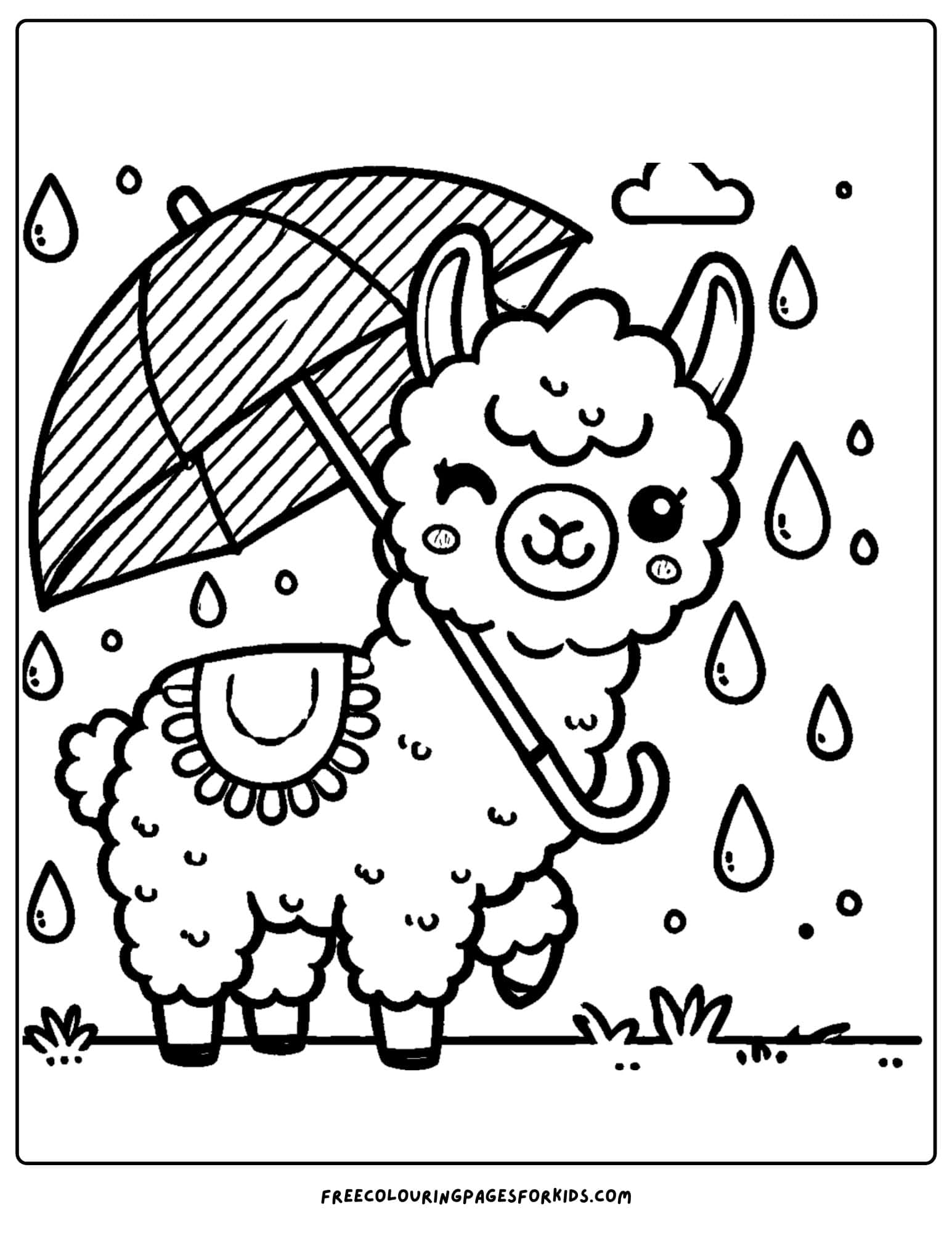 llama with an umbrella in the rain coloring page