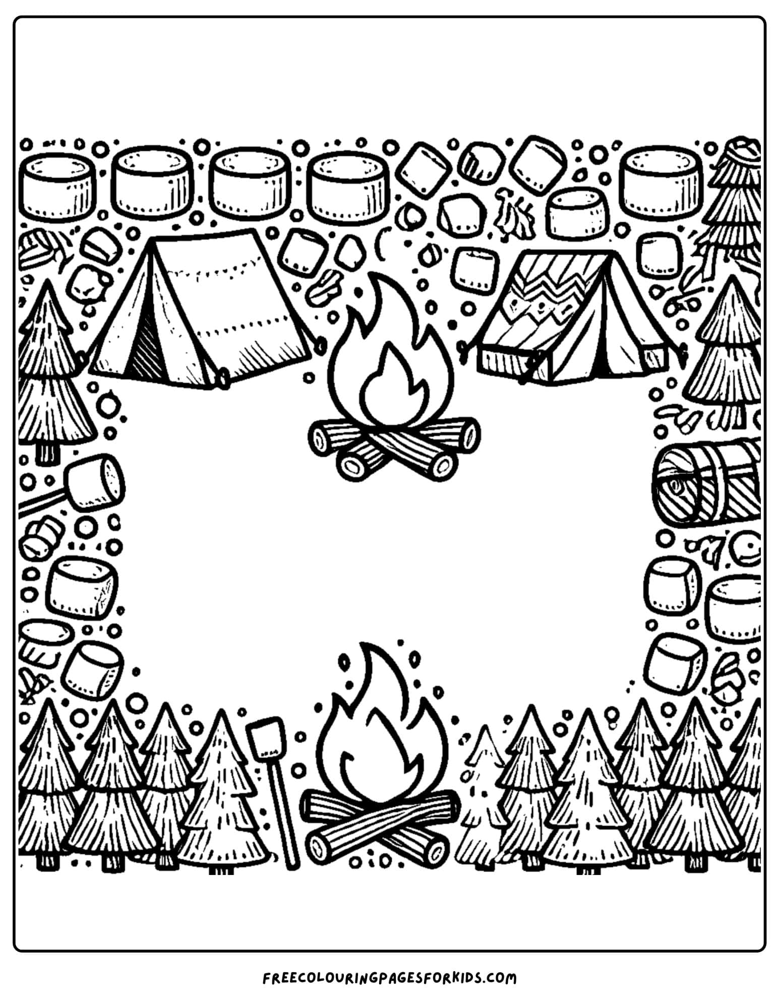 camping themed page border coloring page