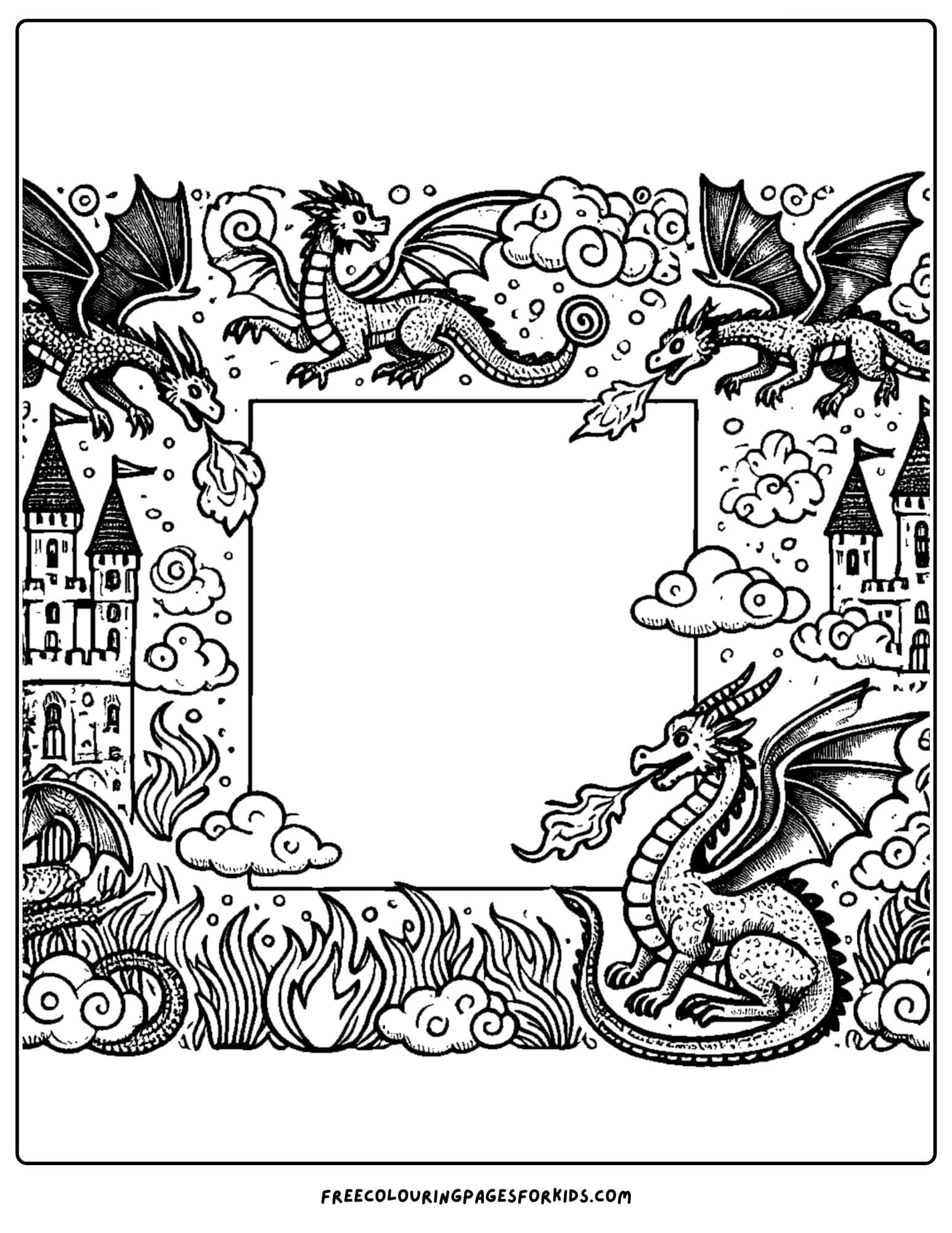 dragon themed page border coloring page