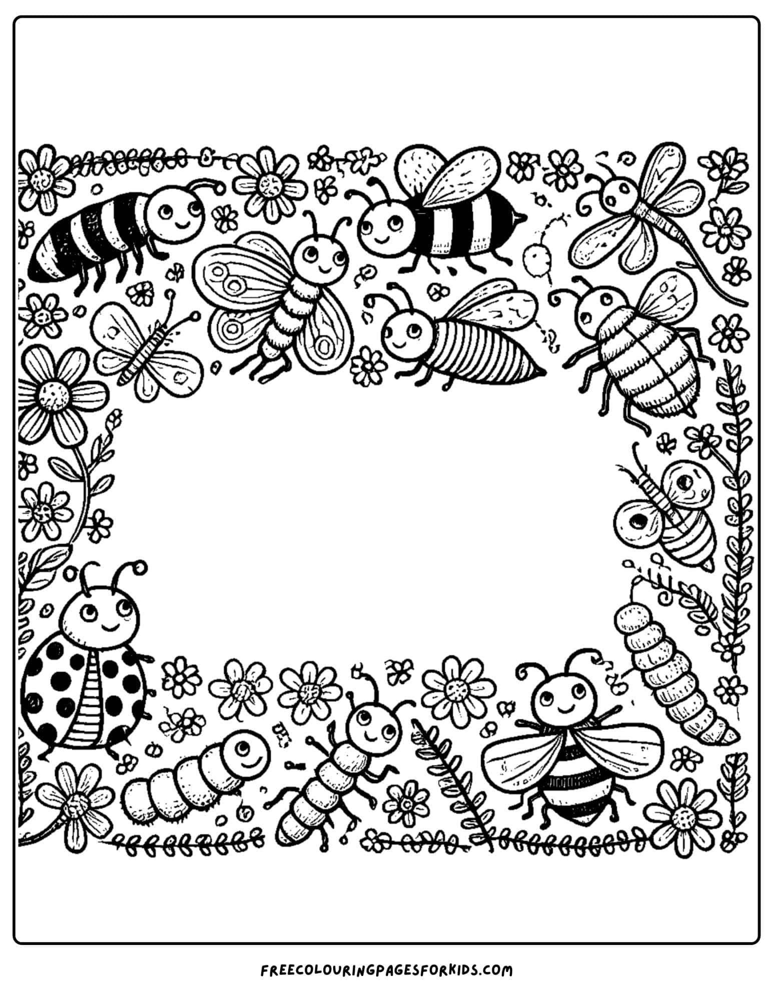 insect themed page border coloring page