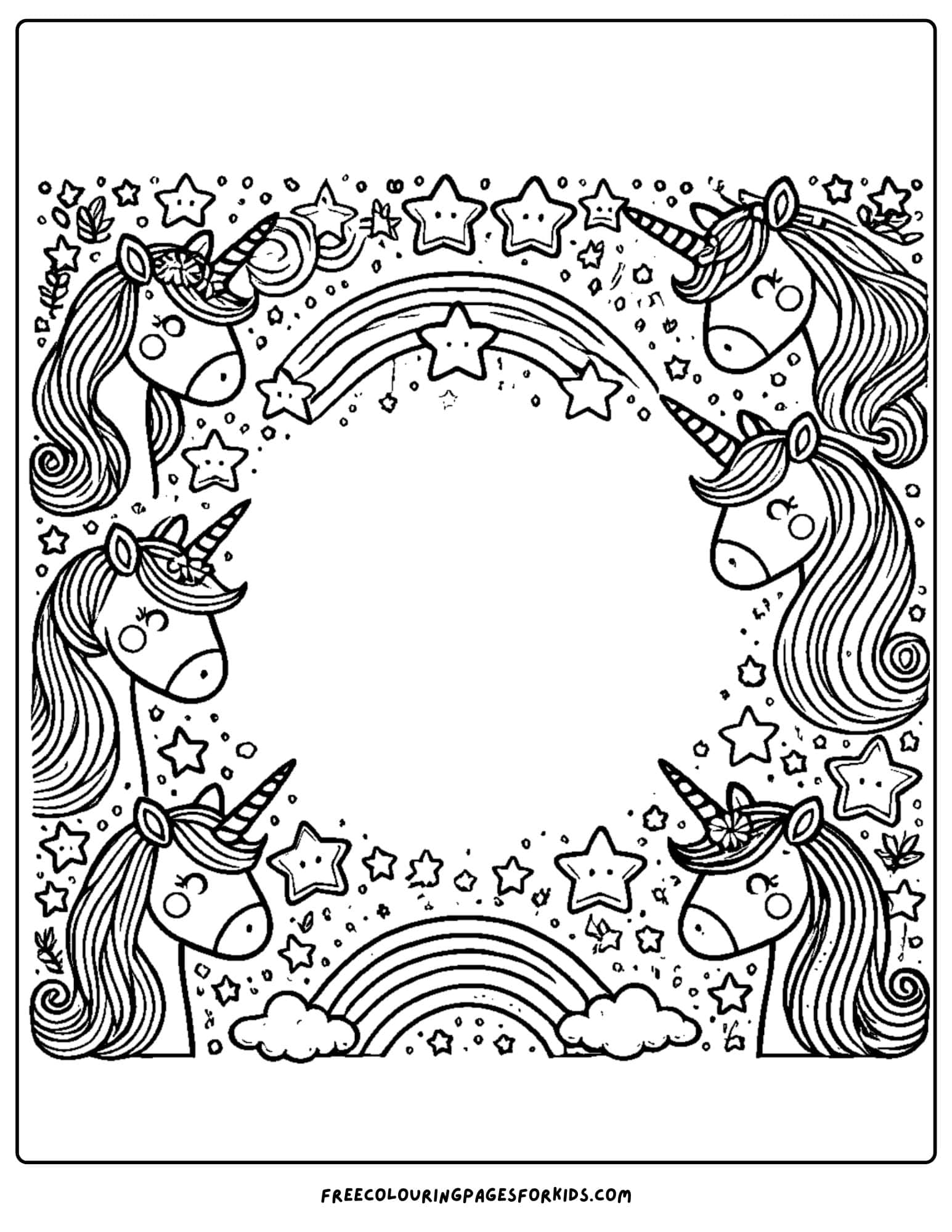 unicorn themed page border coloring page