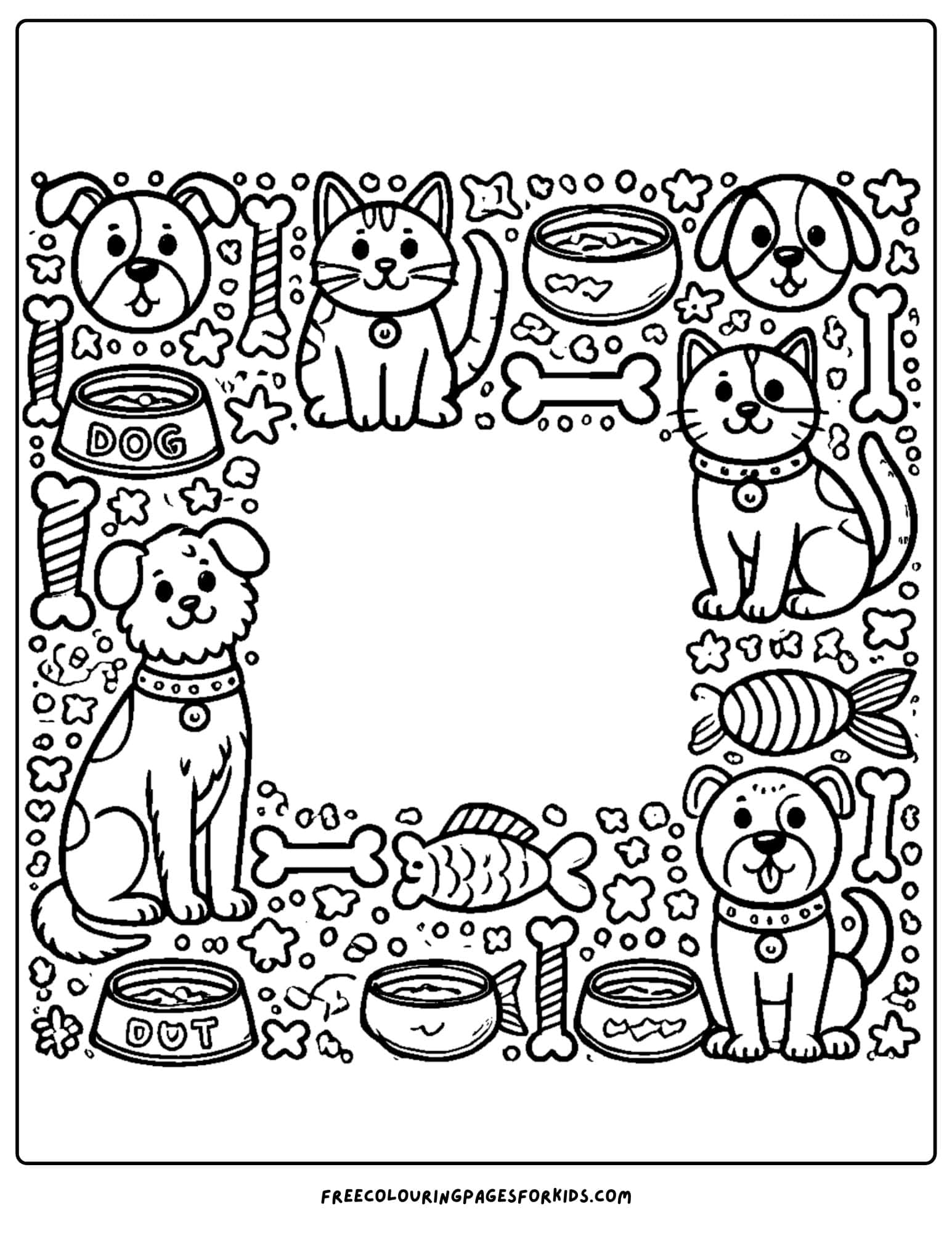 dots and cats themed page border coloring page