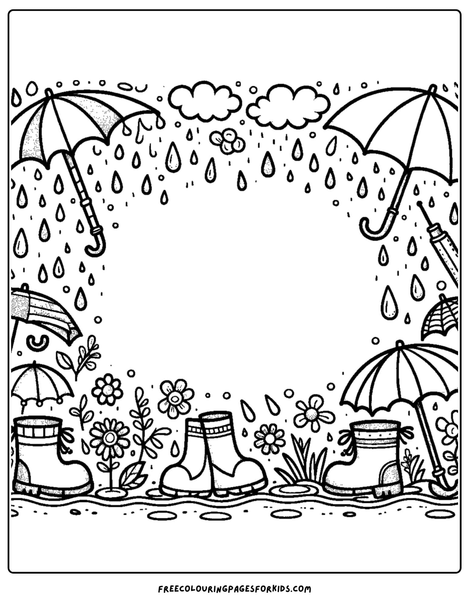 rainy themed page border coloring page