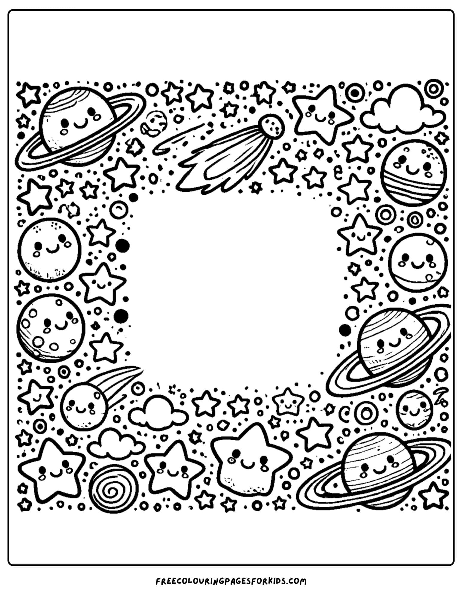 stars and planets themed page border coloring page