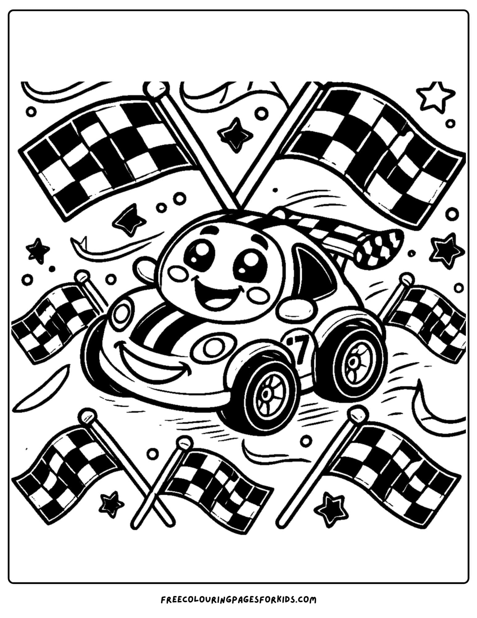 race car and the checkered flag coloring page