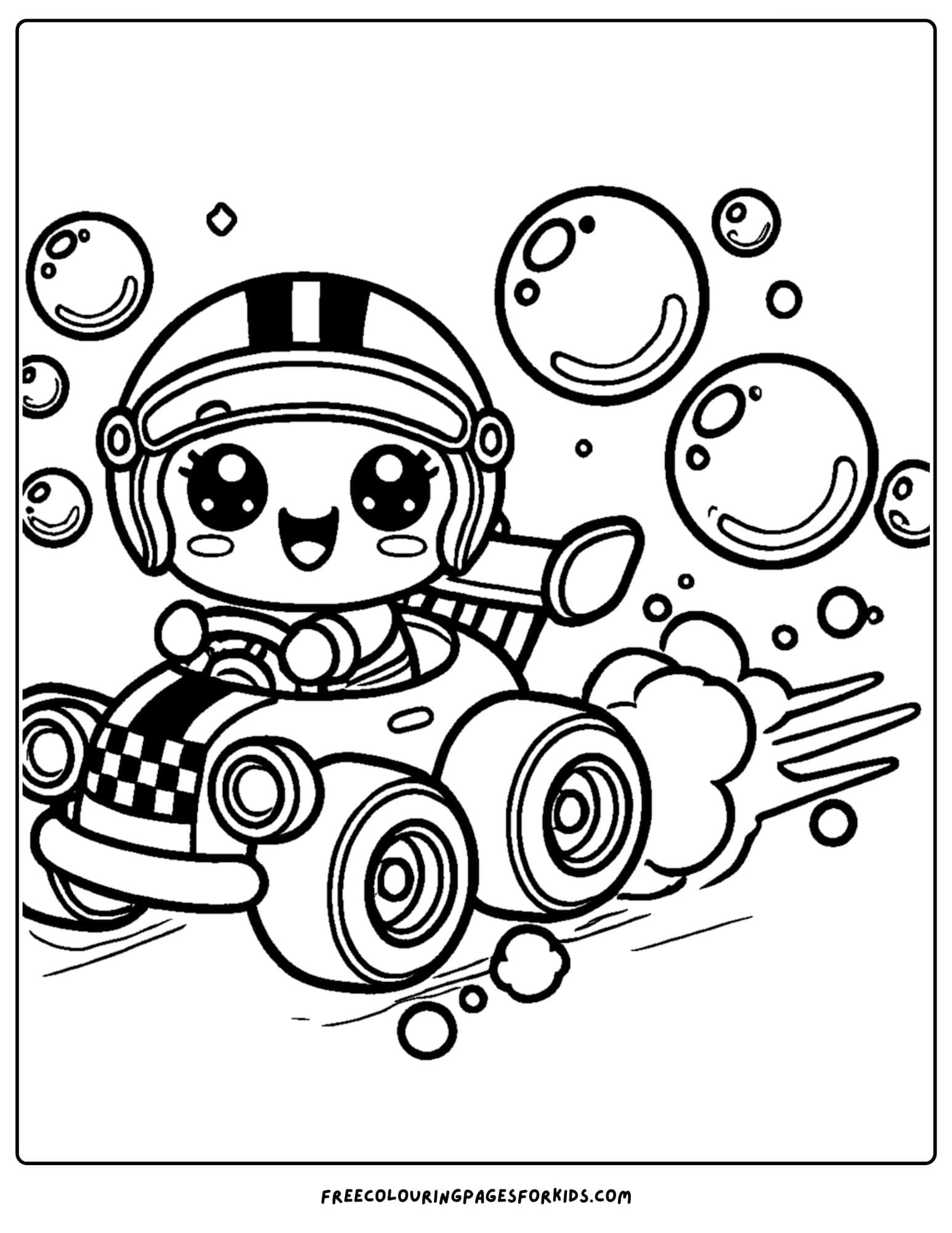 race car with bubbles around coloring page