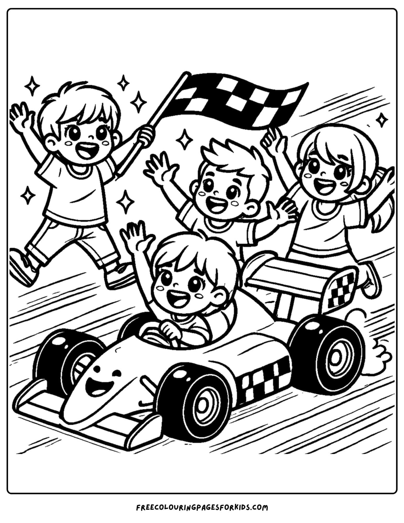 race car with kid waving a flag coloring page