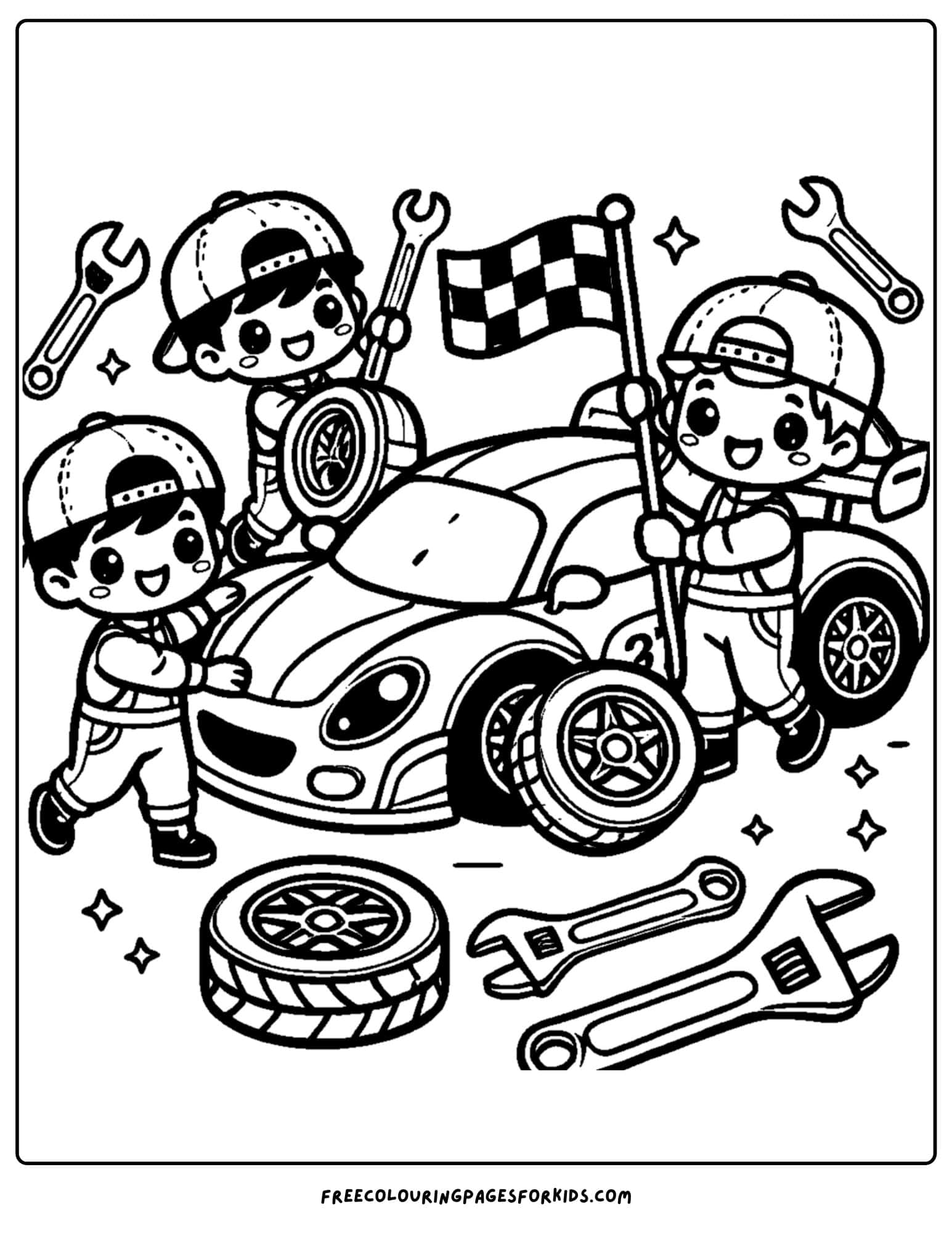 race car pit crew working on the car coloring page