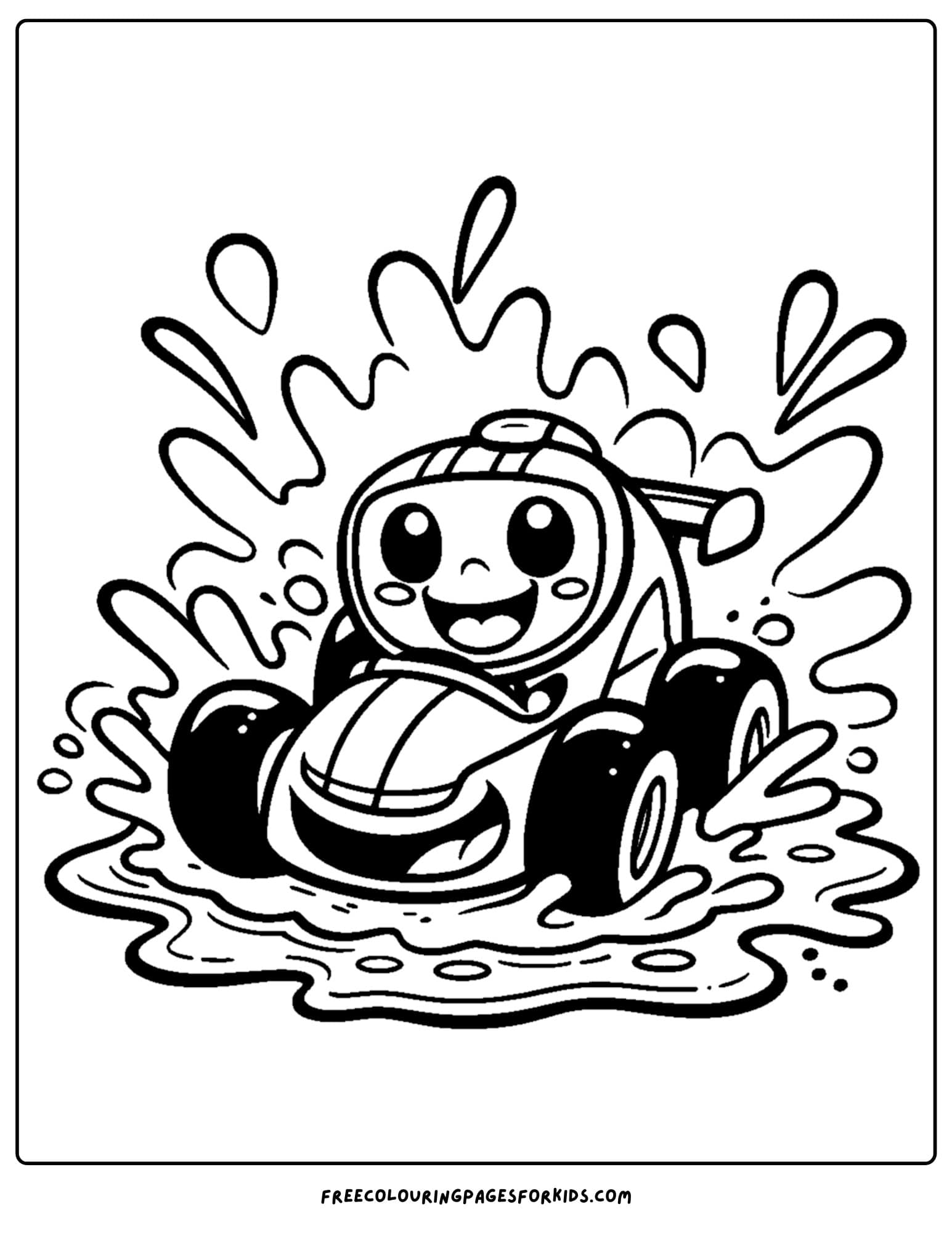 race car making a splash in a puddle coloring page