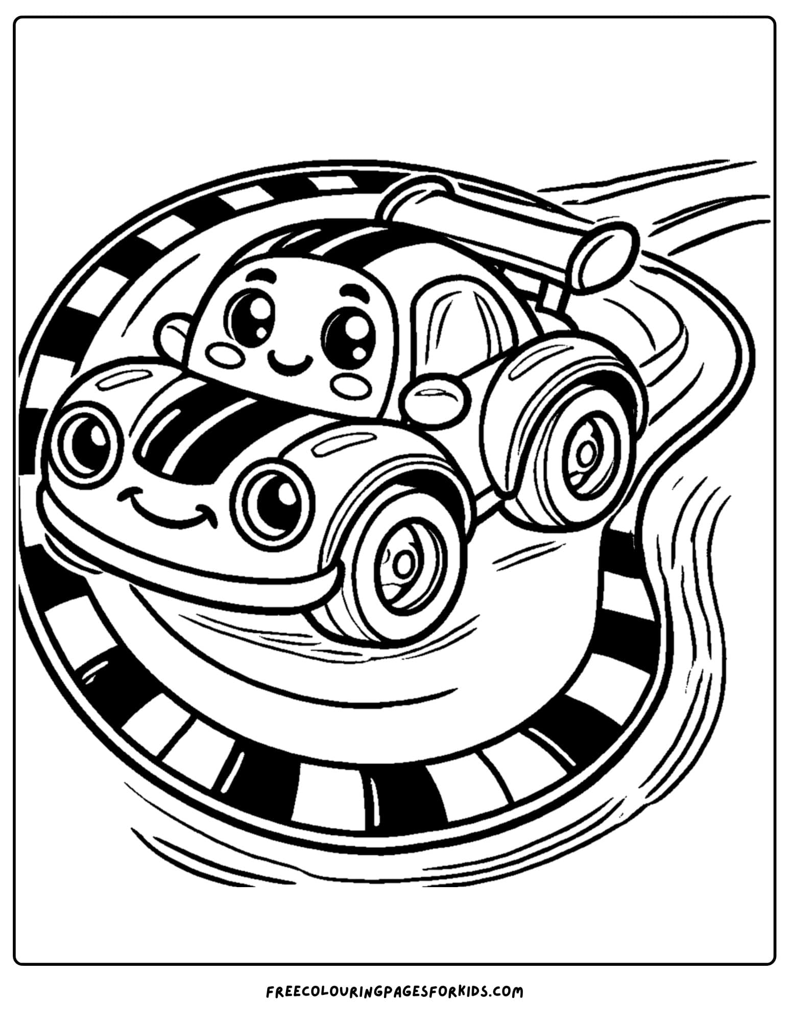 race car turning down a winding track coloring page