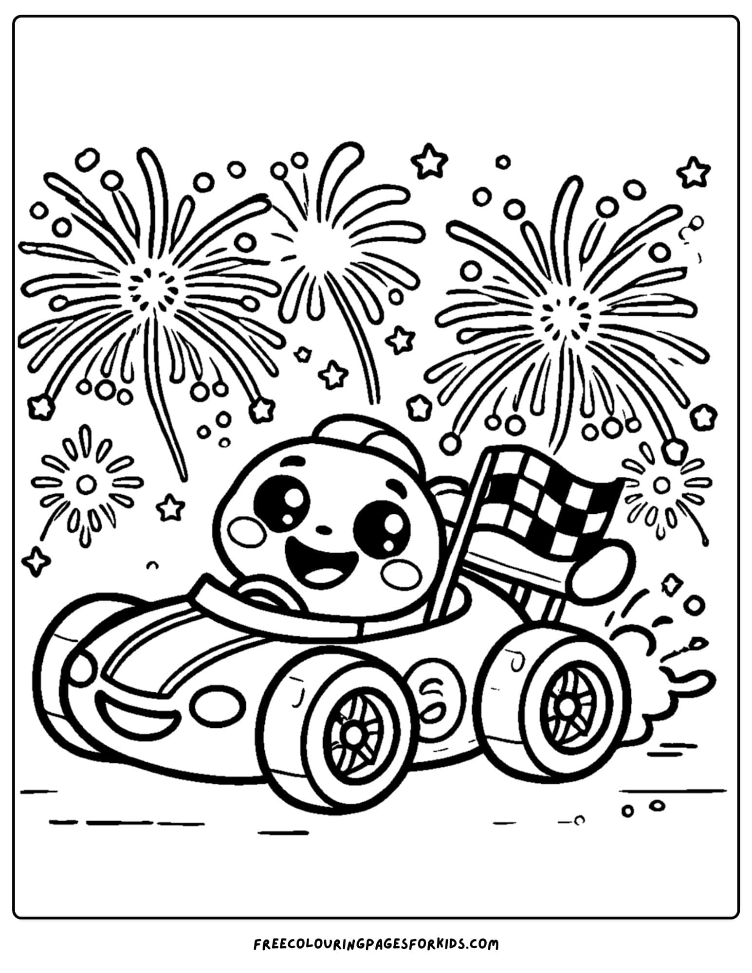 race car under fireworks coloring page