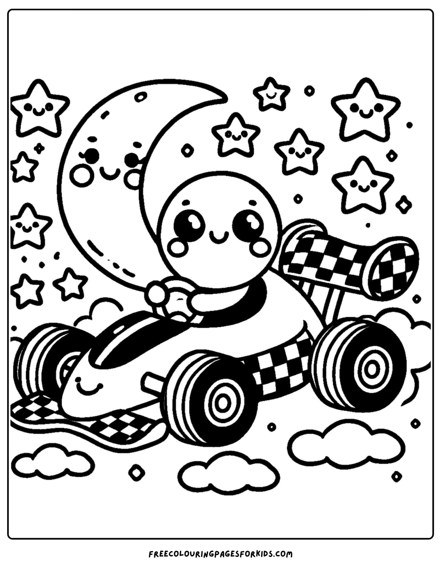 race car under the stars and moon coloring page