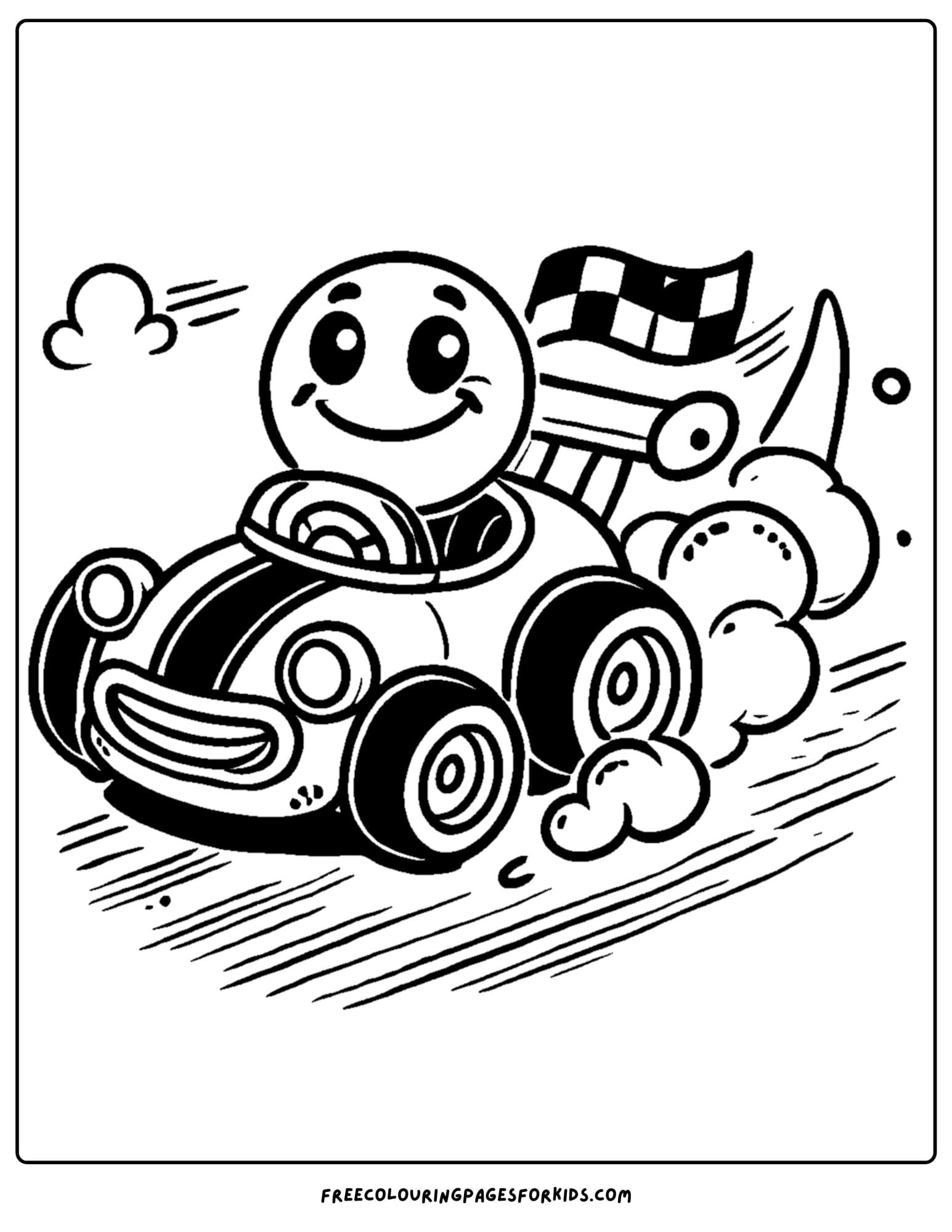 race car with smoke trail coloring page