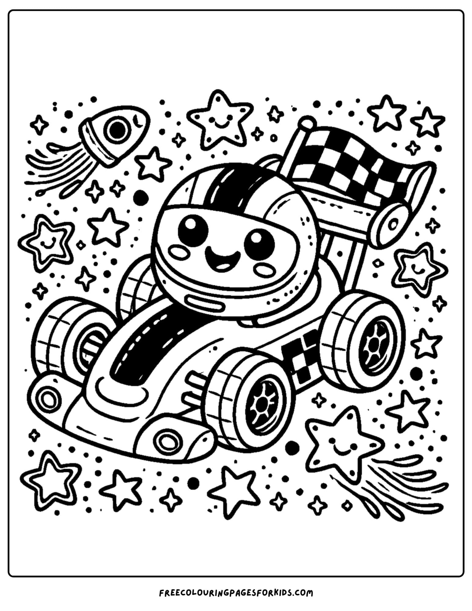 race car surrounded by stars coloring page