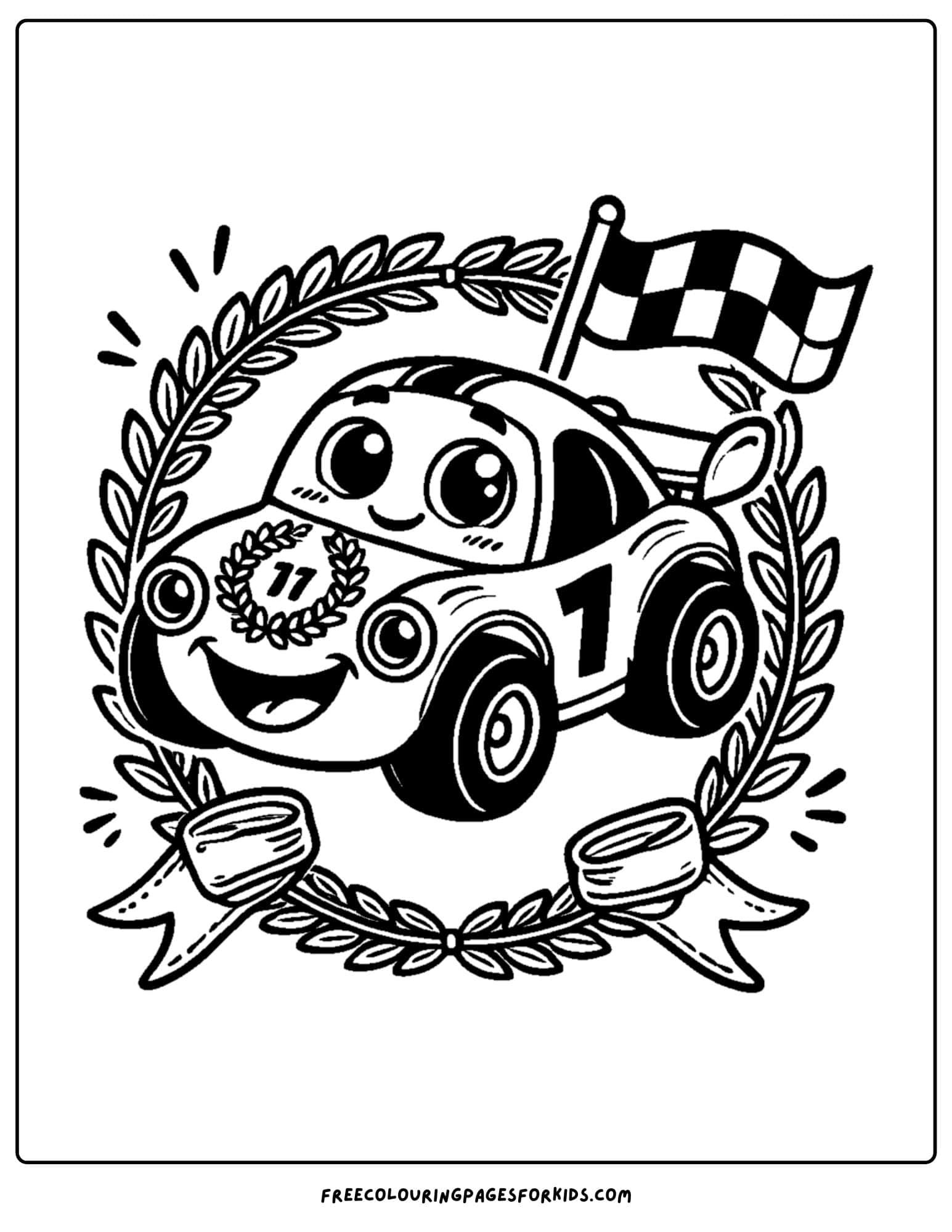 race car with a winners wreath around it coloring page